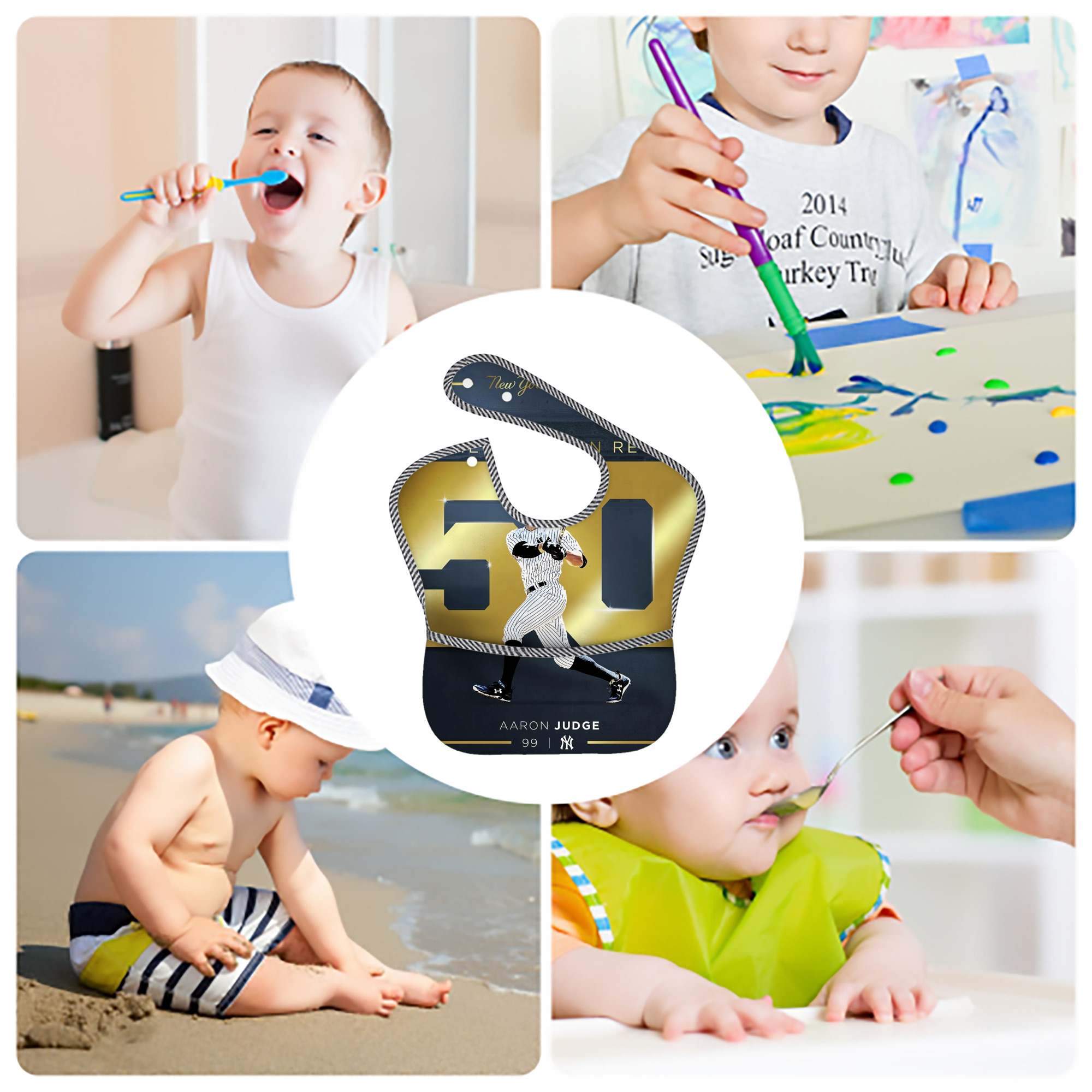 Aaron Judge 50 Home Runs 3 Adjustable Waterproof Toddler Bib – Full-Print Durable Polyester – Foldable Crumb Pocket – Easy Snap Closure – Soft