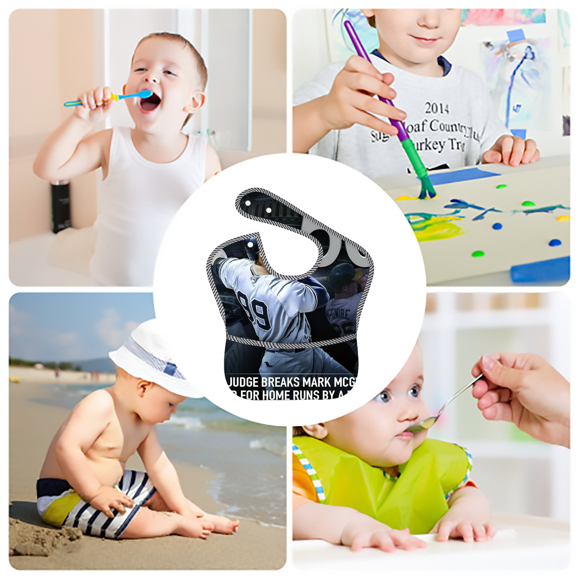 Aaron Judge 50 Home Runs 6 Adjustable Waterproof Toddler Bib – Full-Print Durable Polyester – Foldable Crumb Pocket – Easy Snap Closure – Soft