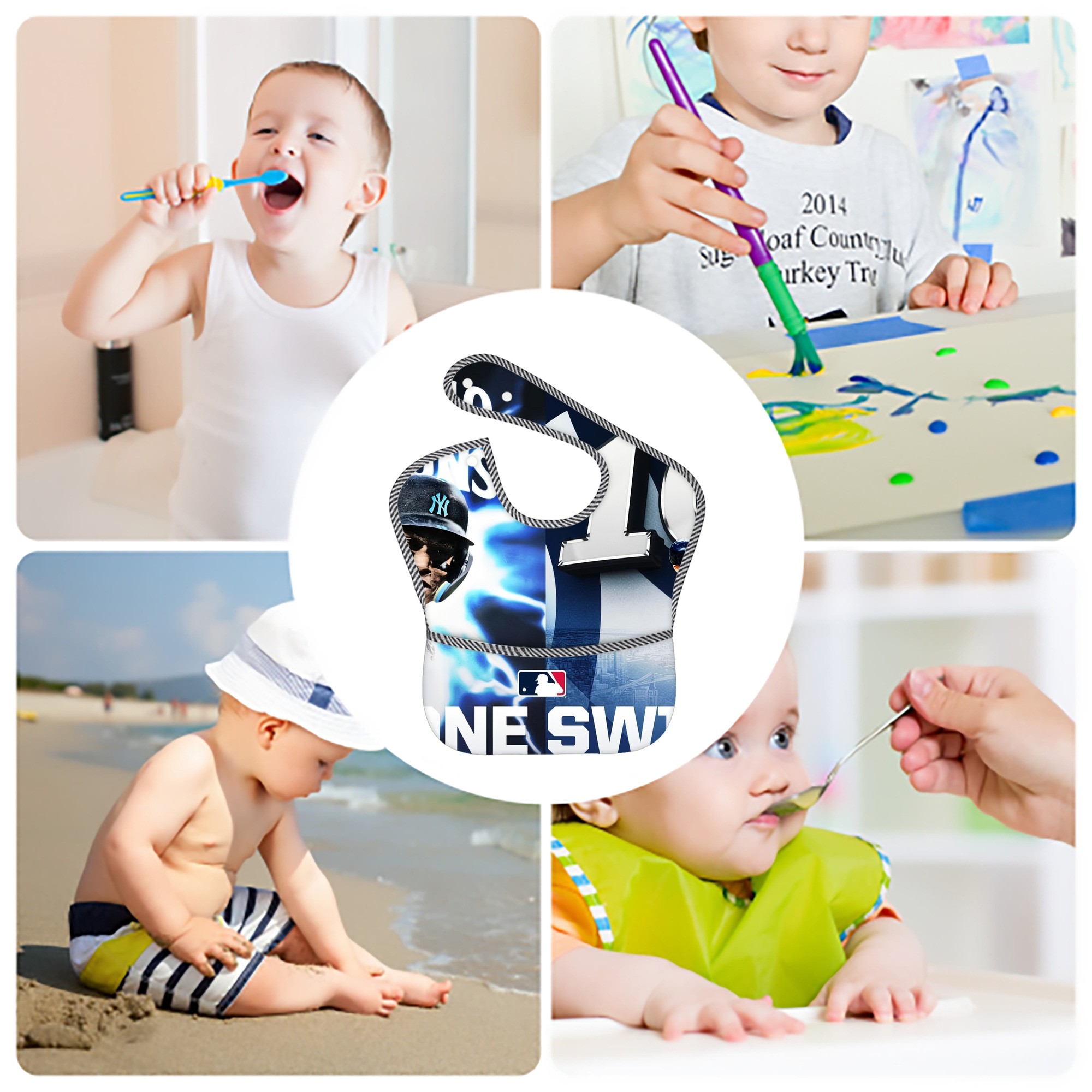 Aaron Judge First to 40 Home Runs In One Swing Adjustable Waterproof Toddler Bib – Full-Print Durable Polyester – Foldable Crumb Pocket – Easy Snap Closure – Soft