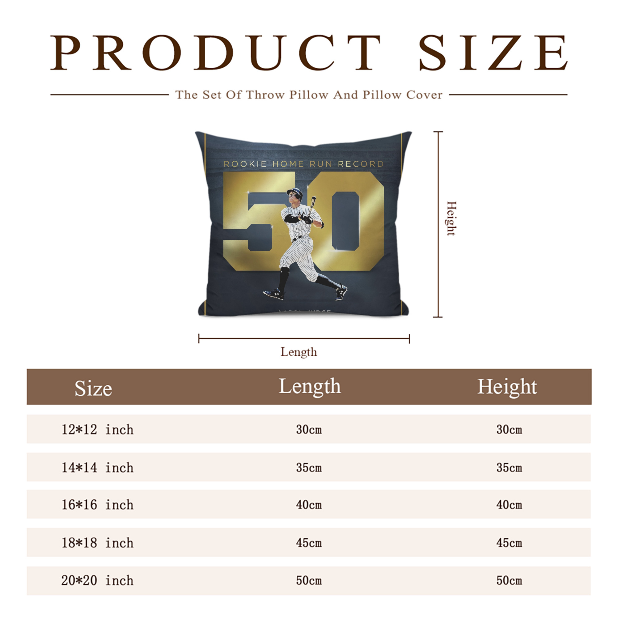 Aaron Judge 50 Home Runs 3 Soft Polyester Pillow Cover With Insert – Double-Sided Design, Invisible Zipper, Durable & Breathable – Easy Care Cushion Set