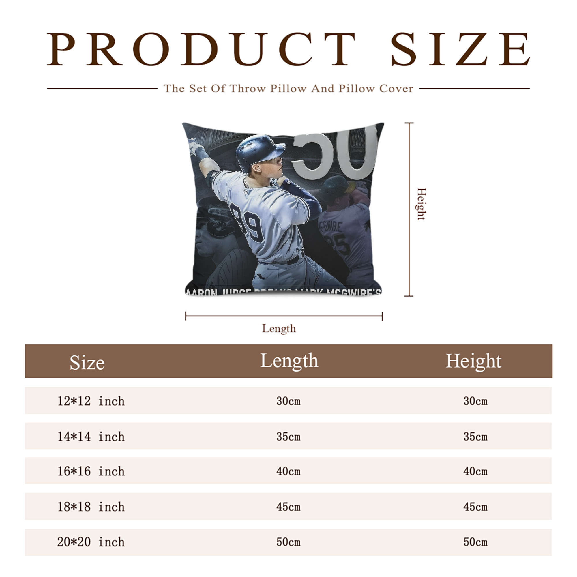 Aaron Judge 50 Home Runs 6 Soft Polyester Pillow Cover With Insert – Double-Sided Design, Invisible Zipper, Durable & Breathable – Easy Care Cushion Set