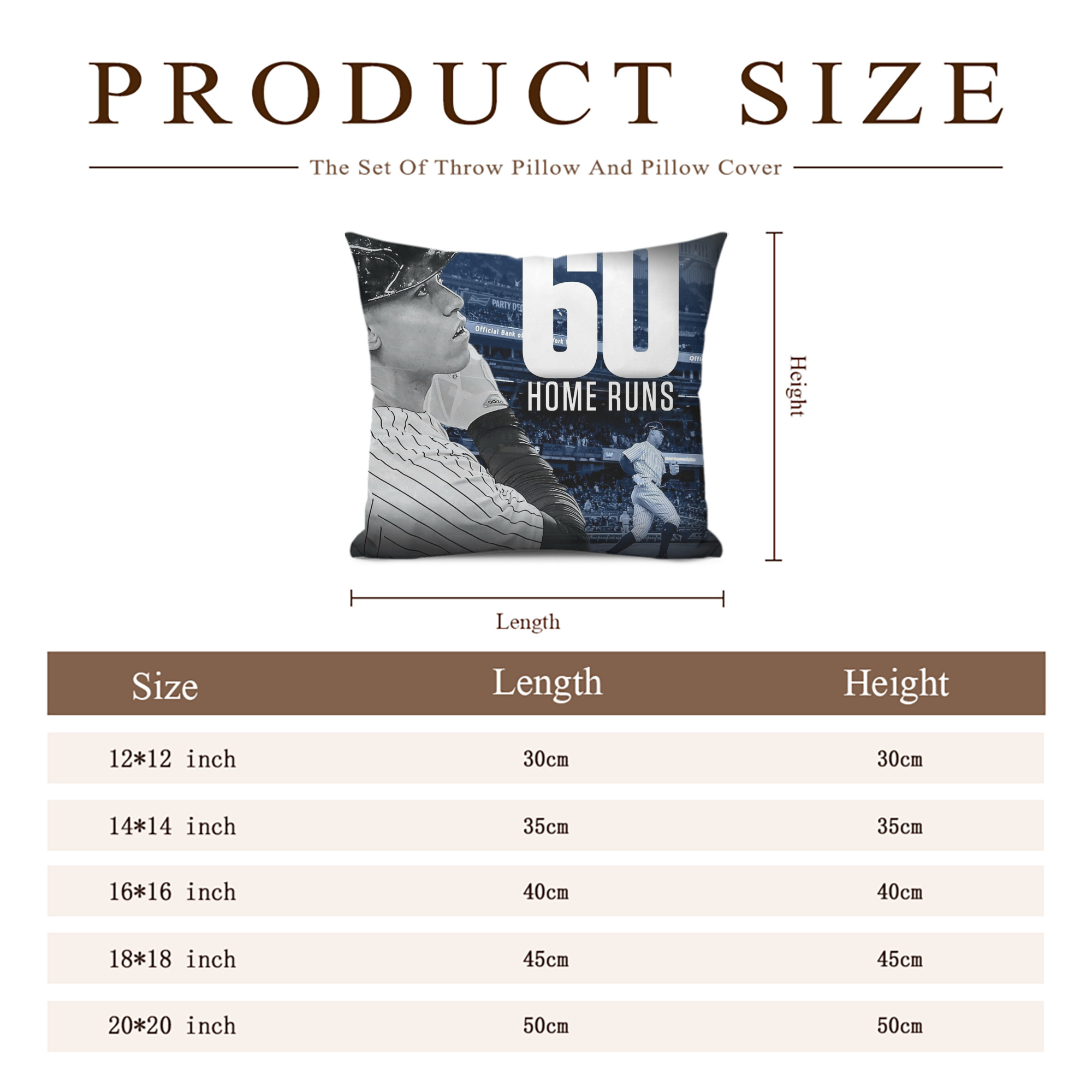 Aaron Judge 60 Home Runs 1 Soft Polyester Pillow Cover With Insert – Double-Sided Design, Invisible Zipper, Durable & Breathable – Easy Care Cushion Set