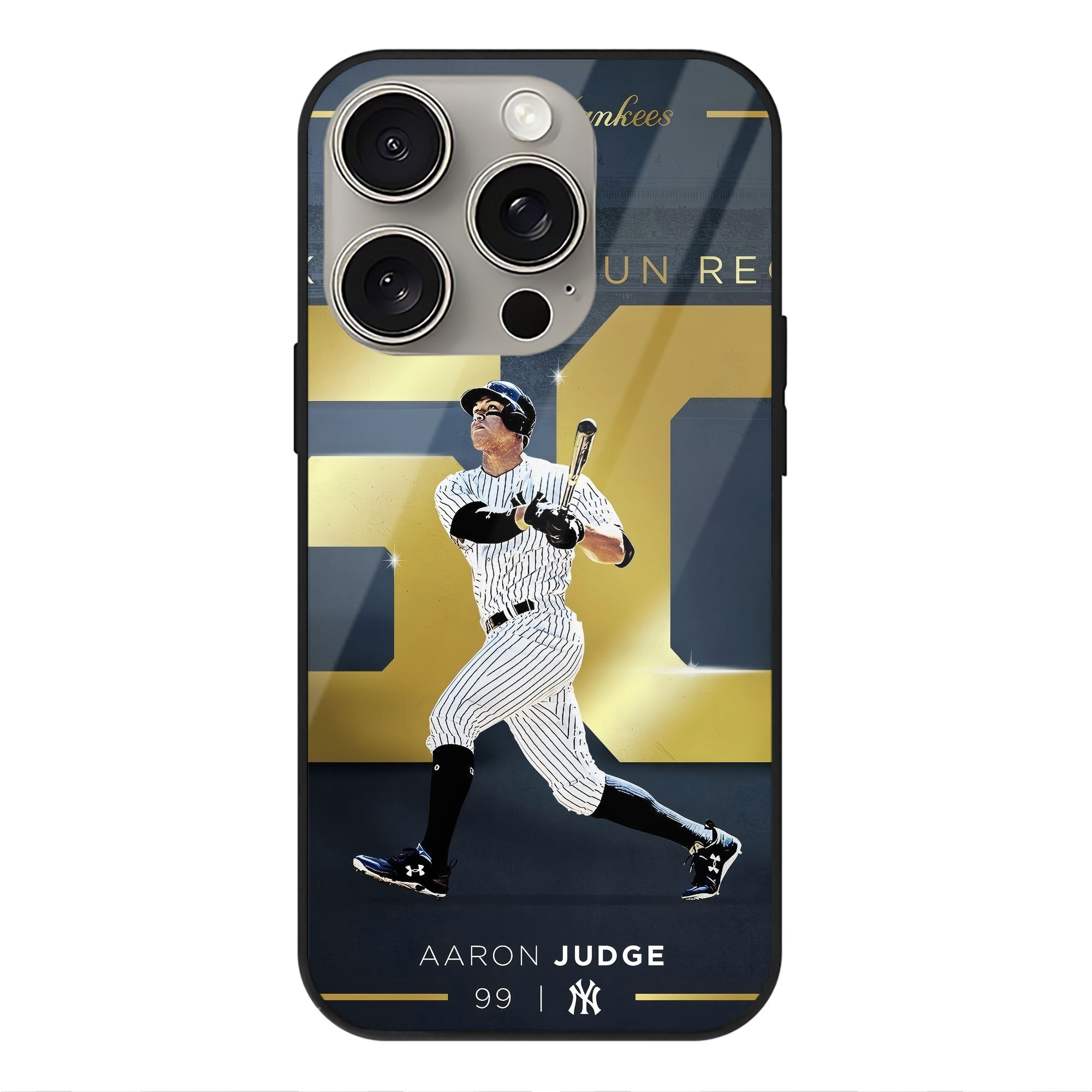 Aaron Judge 50 Home Runs 3 IPhone 15 Pro Mirror Phone Case – UV Printed Glass + TPU – Scratch-Resistant, Wireless Charging Compatible, Precise Fit & Stylish Design