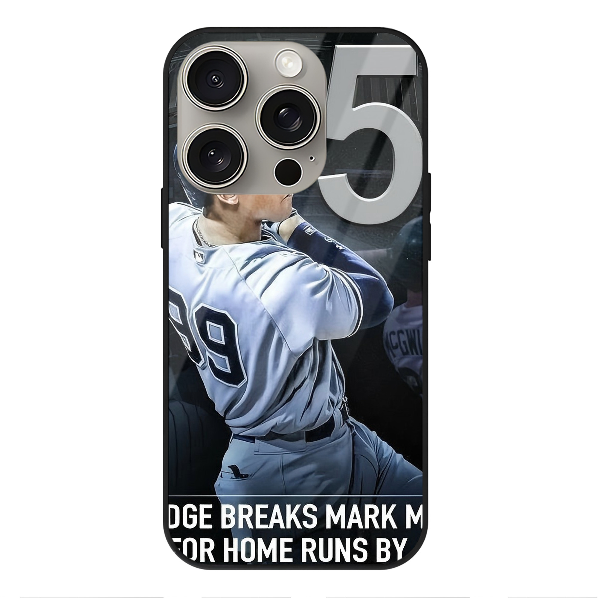 Aaron Judge 50 Home Runs 6 IPhone 15 Pro Mirror Phone Case – UV Printed Glass + TPU – Scratch-Resistant, Wireless Charging Compatible, Precise Fit & Stylish Design