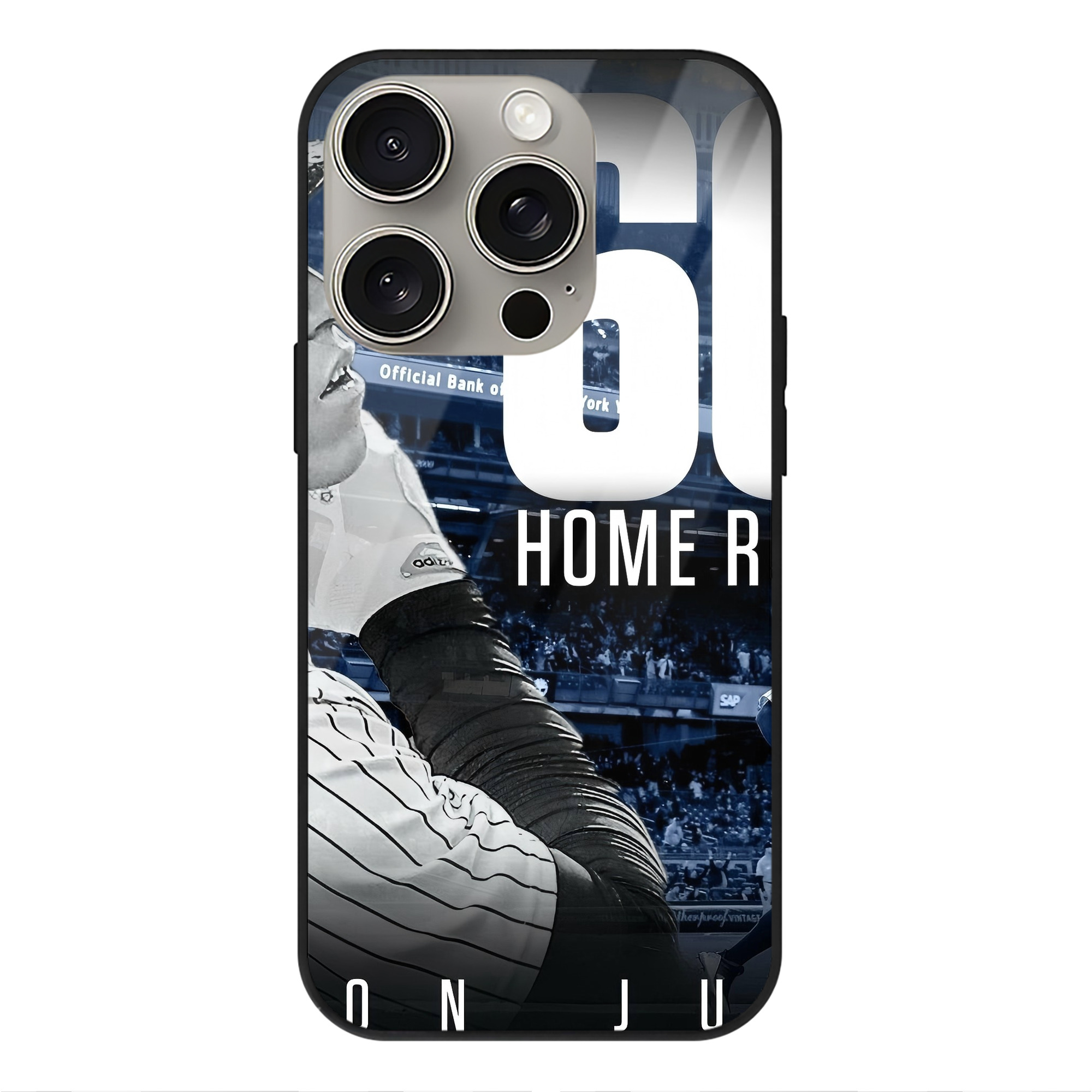 Aaron Judge 60 Home Runs 1 IPhone 15 Pro Mirror Phone Case – UV Printed Glass + TPU – Scratch-Resistant, Wireless Charging Compatible, Precise Fit & Stylish Design