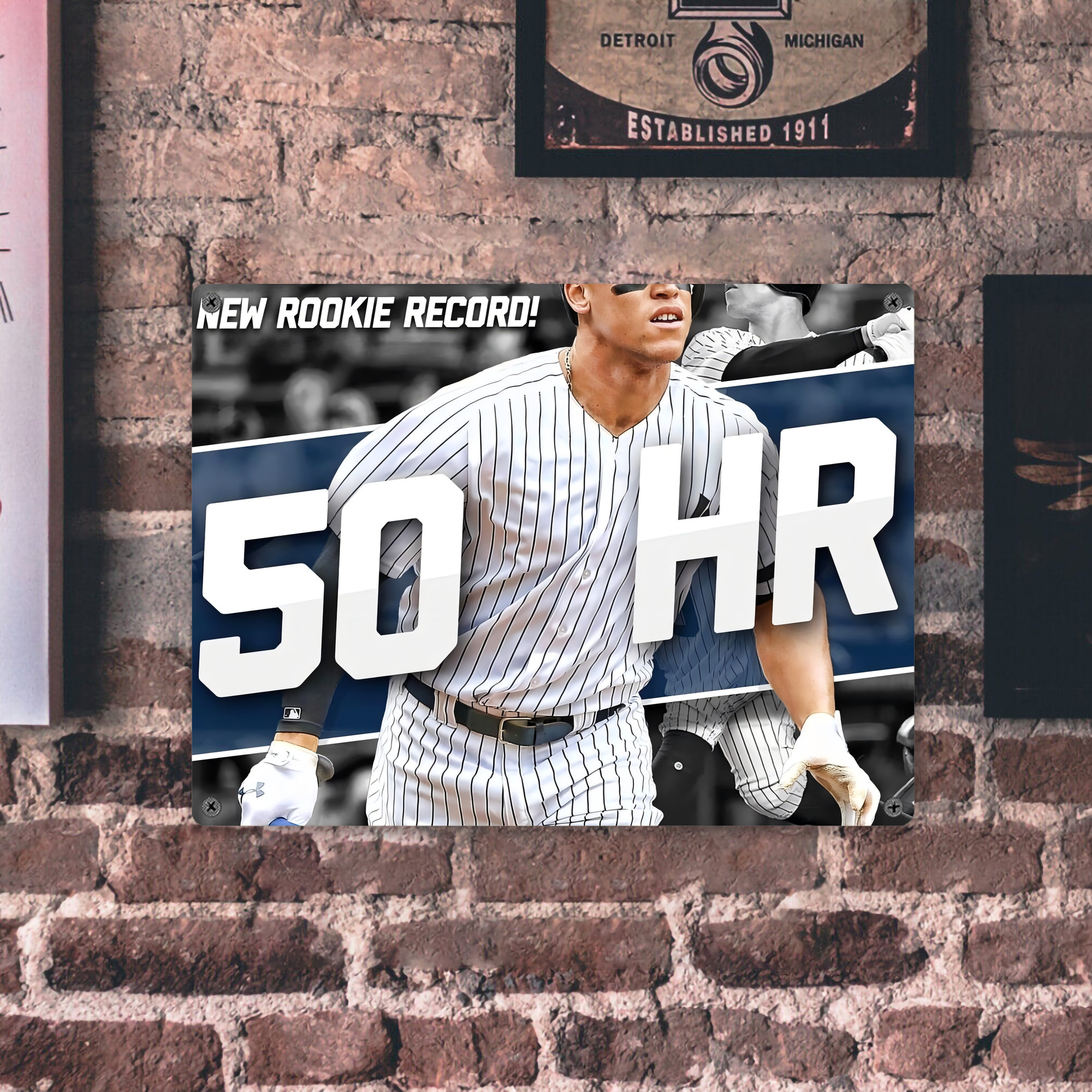 Aaron Judge 50 Home Runs 2 Vintage Metal Tin Sign 16x12 – Full-Print Iron Wall Decor – Durable, Fade-Resistant – Easy To Hang – Ideal For Home, Bar, Kitchen & Office Decor