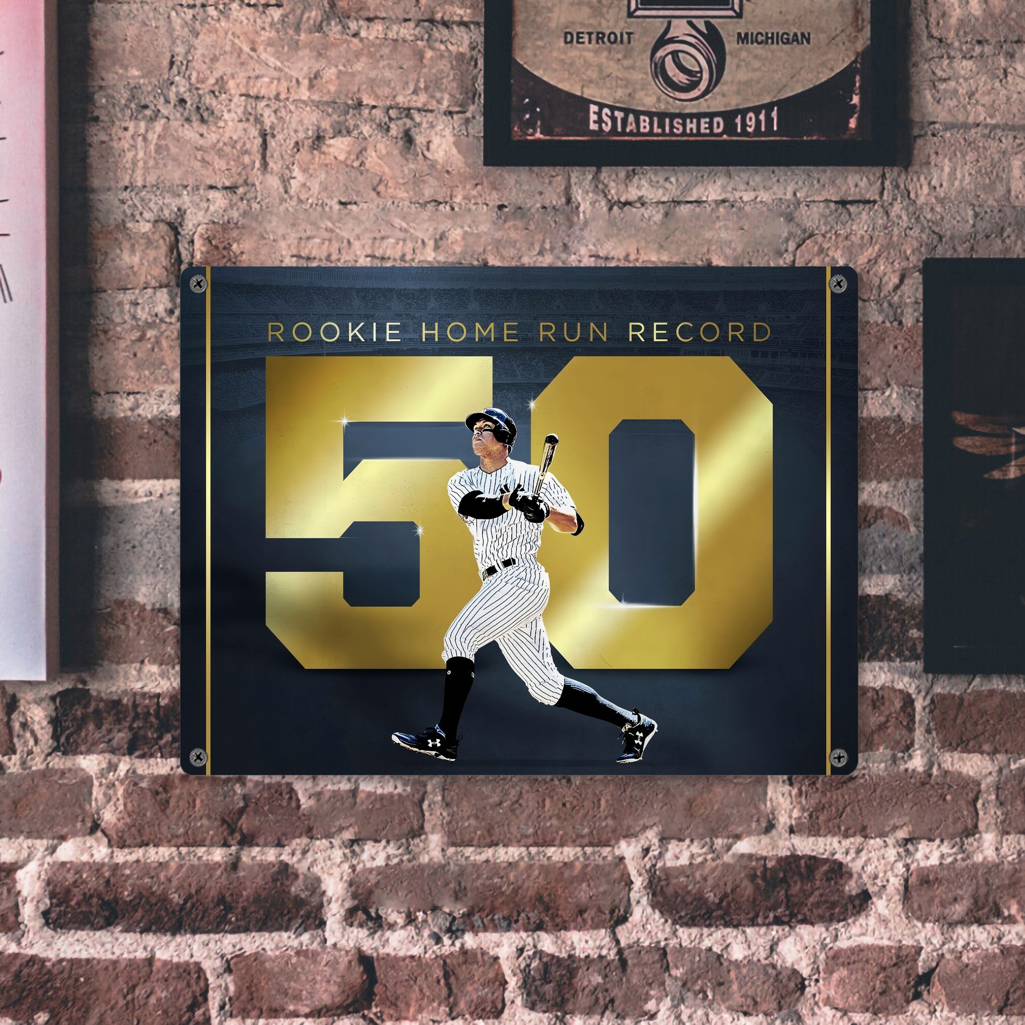Aaron Judge 50 Home Runs 3 Vintage Metal Tin Sign 16x12 – Full-Print Iron Wall Decor – Durable, Fade-Resistant – Easy To Hang – Ideal For Home, Bar, Kitchen & Office Decor