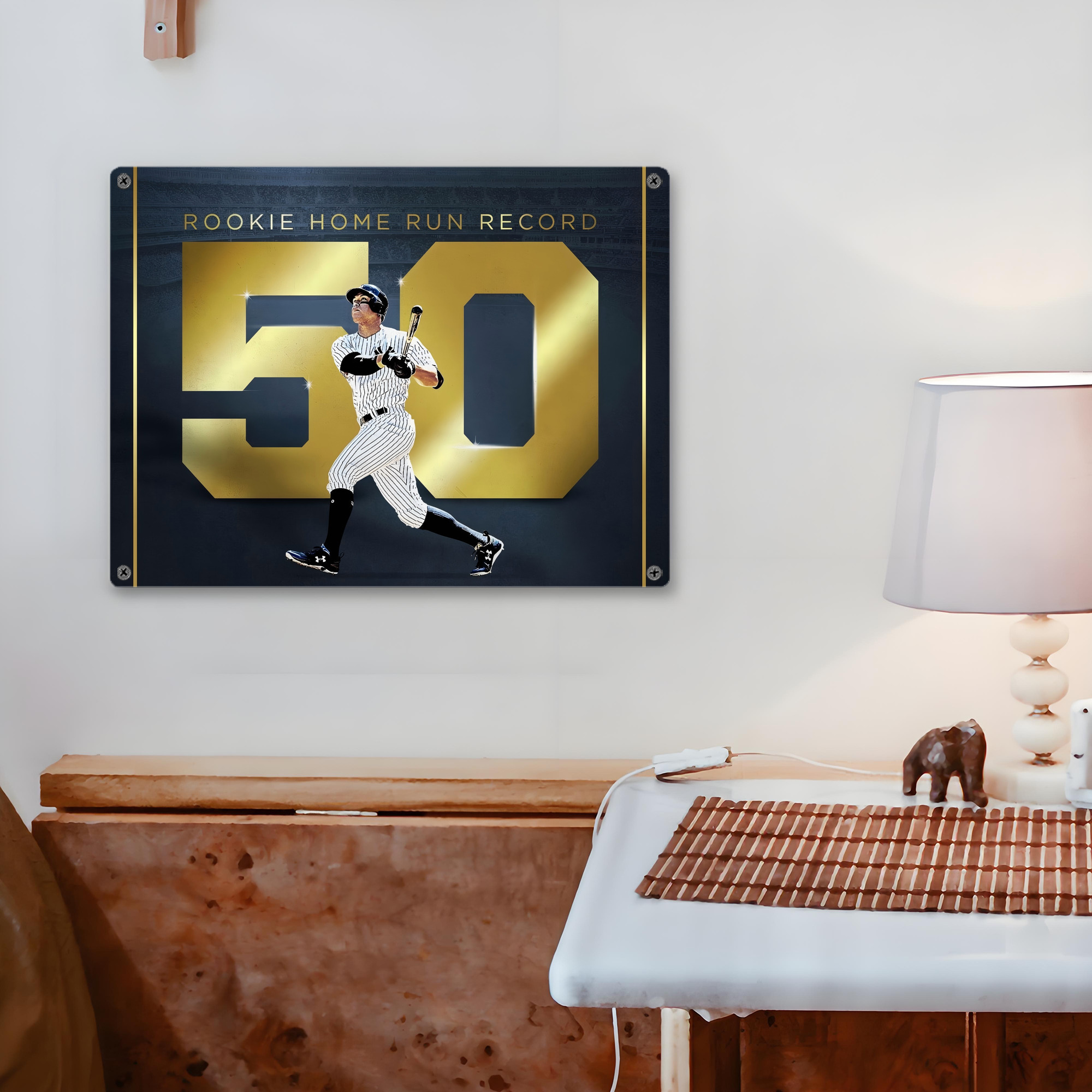 Aaron Judge 50 Home Runs 3 Vintage Metal Tin Sign 16x12 – Full-Print Iron Wall Decor – Durable, Fade-Resistant – Easy To Hang – Ideal For Home, Bar, Kitchen & Office Decor