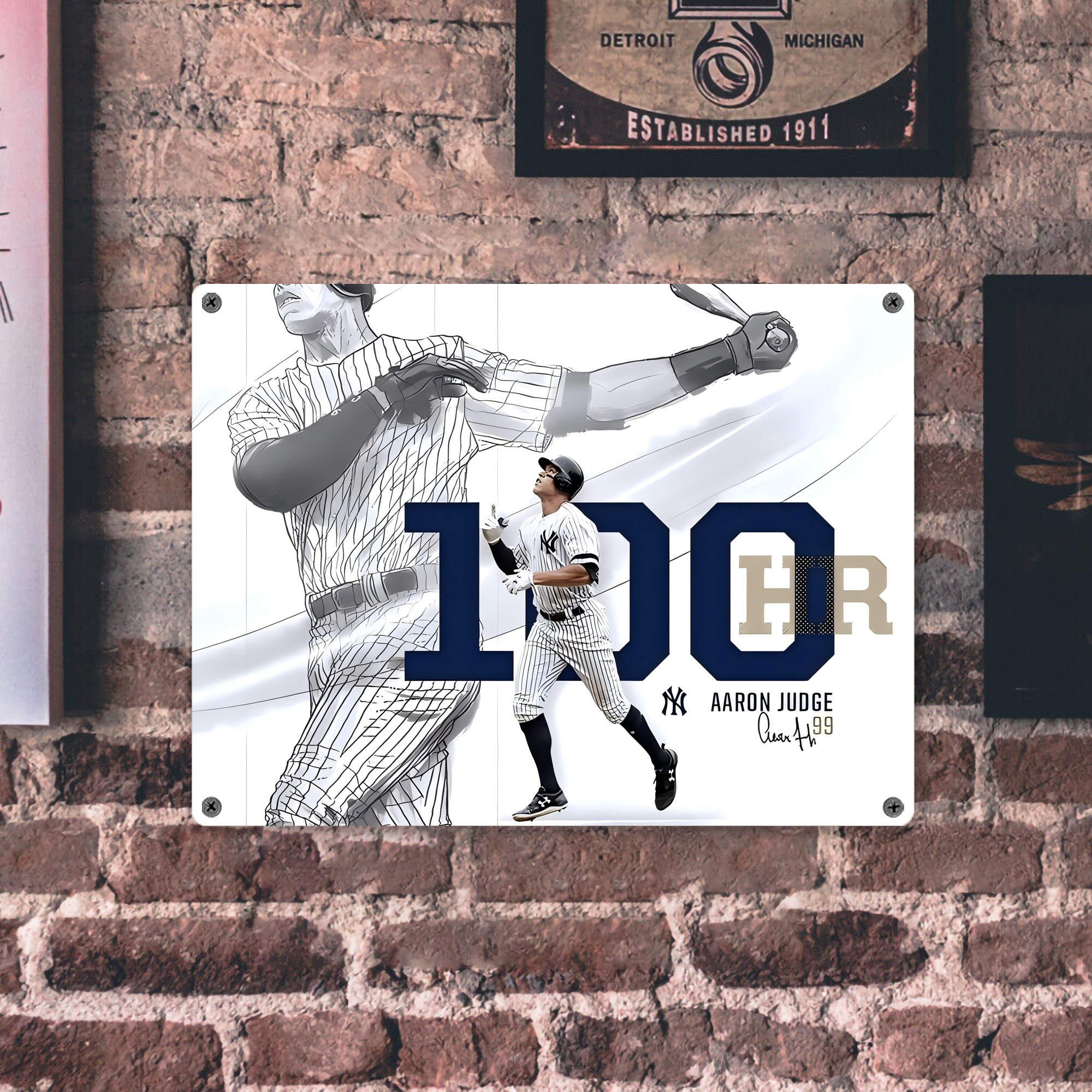 Aaron Judge 100 Home Runs Vintage Metal Tin Sign 16x12 – Full-Print Iron Wall Decor – Durable, Fade-Resistant – Easy To Hang – Ideal For Home, Bar, Kitchen & Office Decor