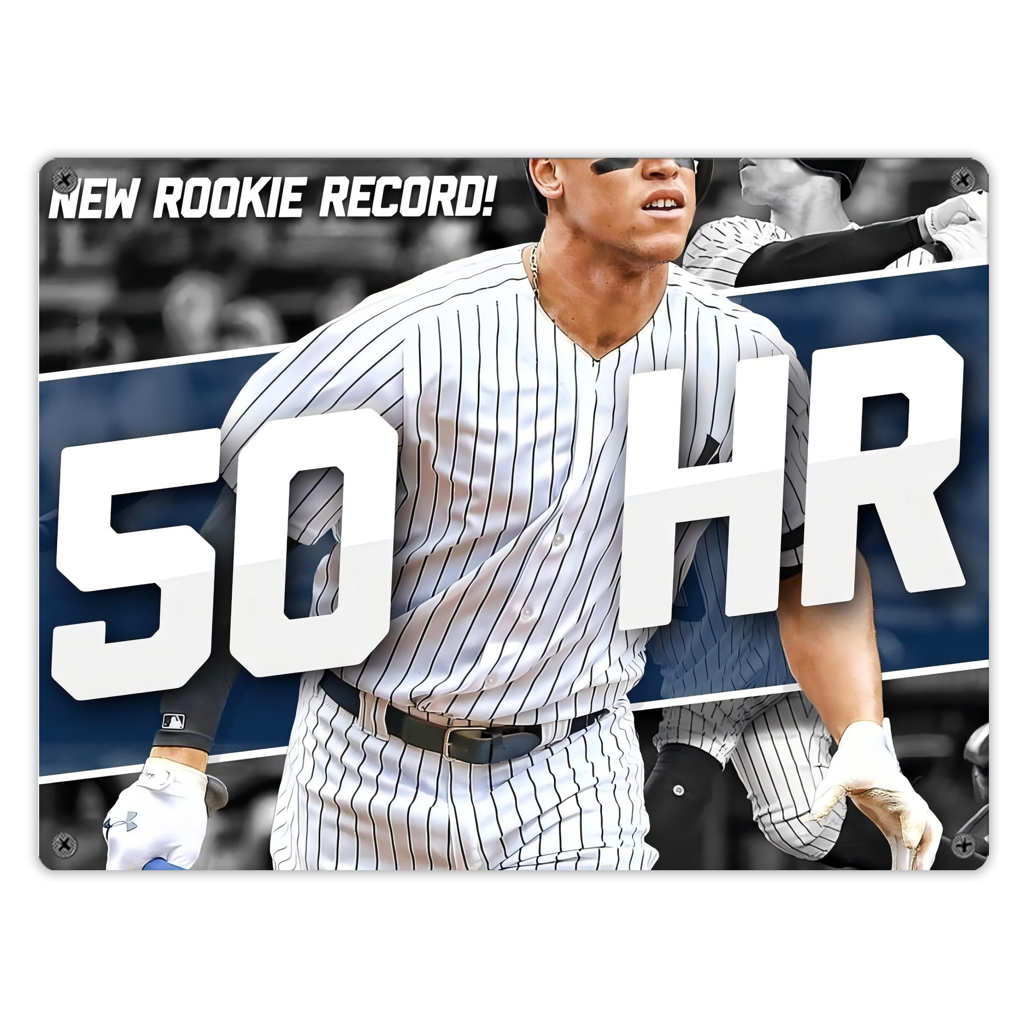 Aaron Judge 50 Home Runs 2 Vintage Metal Tin Sign 16x12 – Full-Print Iron Wall Decor – Durable, Fade-Resistant – Easy To Hang – Ideal For Home, Bar, Kitchen & Office Decor