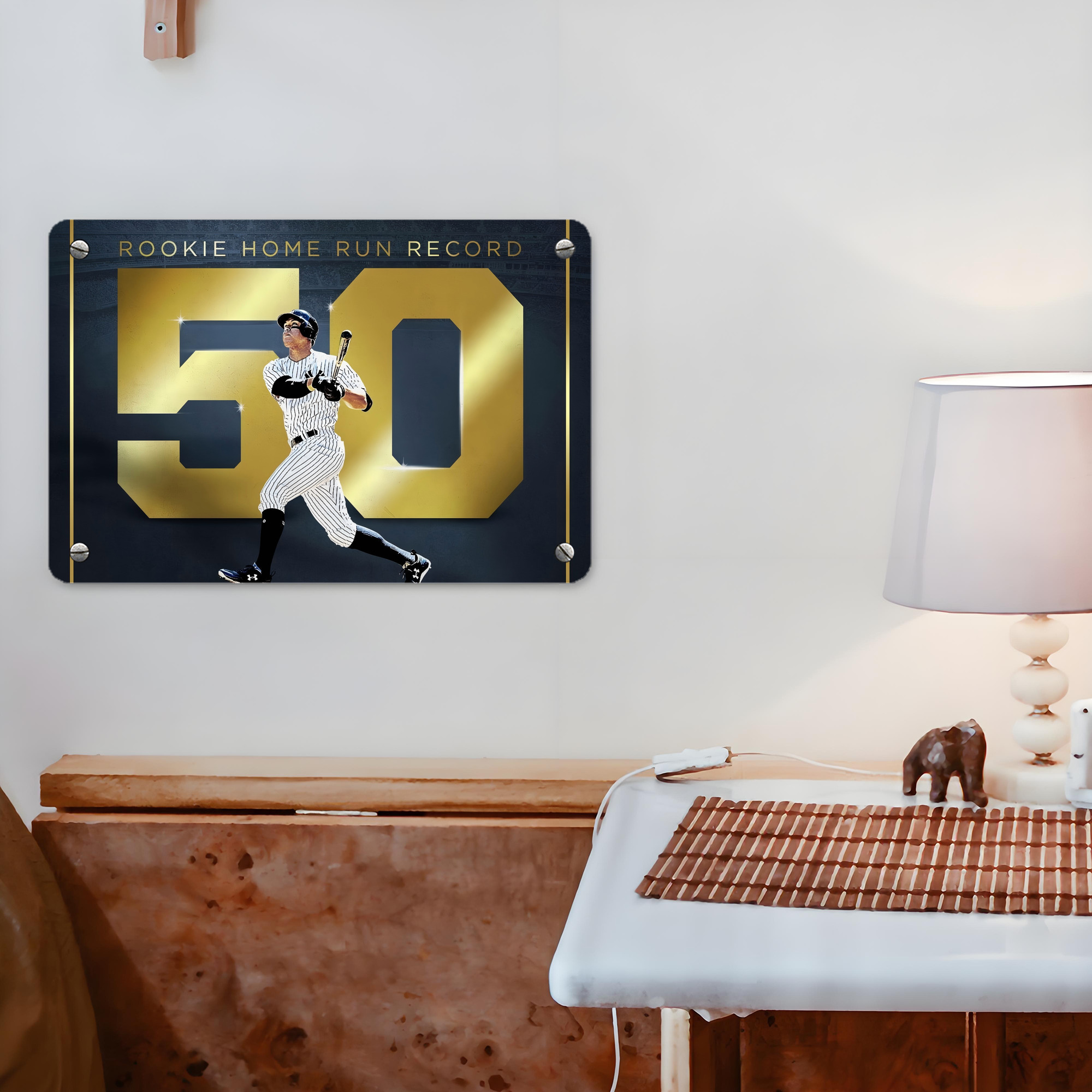 Aaron Judge 50 Home Runs 3 Metal Tin Sign 12x8inch - Premium Full-Print Decorative Wall Art, Durable Rust-Resistant Metal Plaque For Living Room, Bedroom, Kitchen, Office, Bar Décor