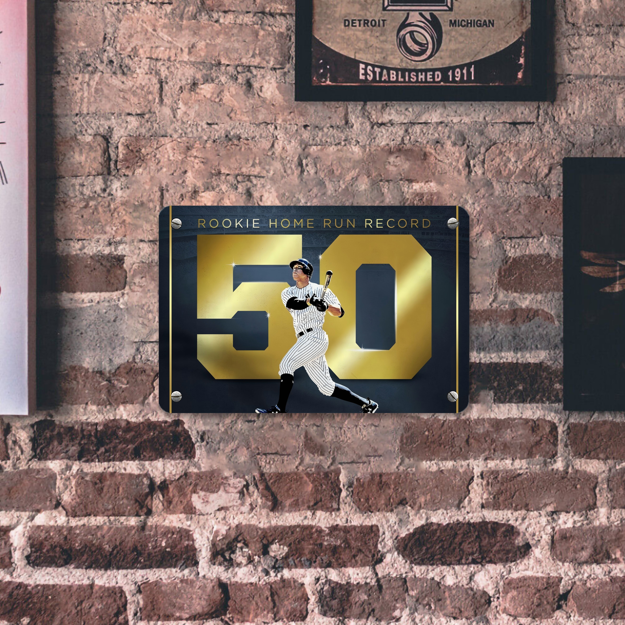 Aaron Judge 50 Home Runs 3 Metal Tin Sign 12x8inch - Premium Full-Print Decorative Wall Art, Durable Rust-Resistant Metal Plaque For Living Room, Bedroom, Kitchen, Office, Bar Décor