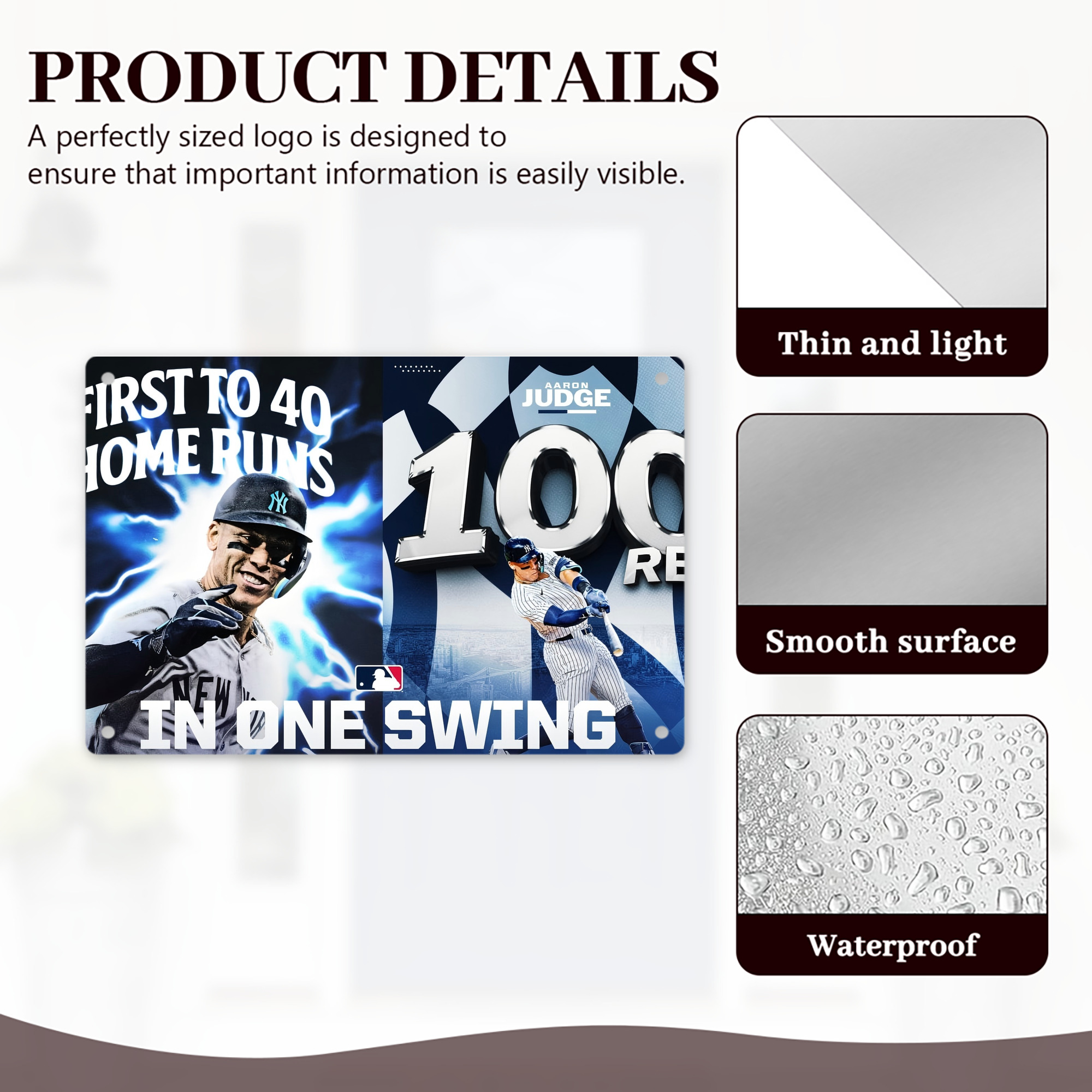 Aaron Judge First to 40 Home Runs In One Swing Decorative Aluminum Plaque – Horizontal Design – Durable, Stylish, Easy To Install – Ideal For Home, Office, Bar, And More
