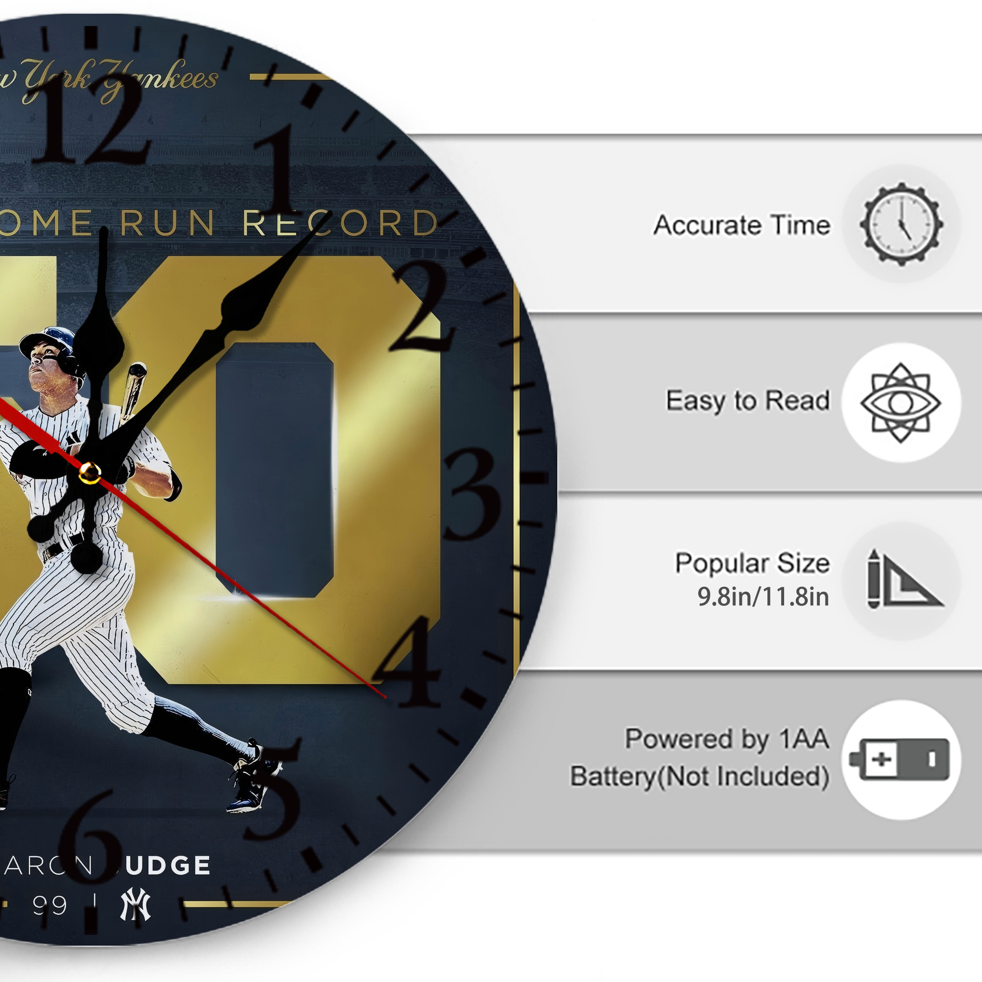 Aaron Judge 50 Home Runs 3 Silent Round Wall Clock – Modern & Stylish DIY Design, Durable Wood Construction, Easy To Install – Perfect For Office, Bedroom, Living Room, And More
