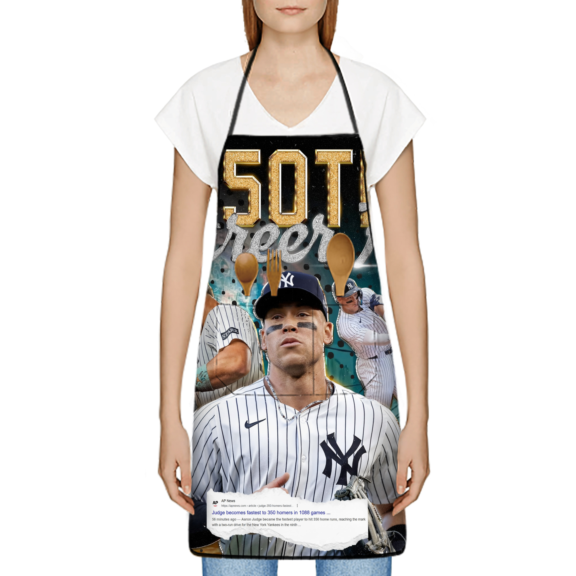 Aaron Judge's 350th Career Home Runs Stain-Resistant Polyester Apron With Pocket – Full Print, Waterproof, Anti-Wrinkle, Anti-Pilling – Ideal For Kitchen, BBQ, Restaurant, Salon & More