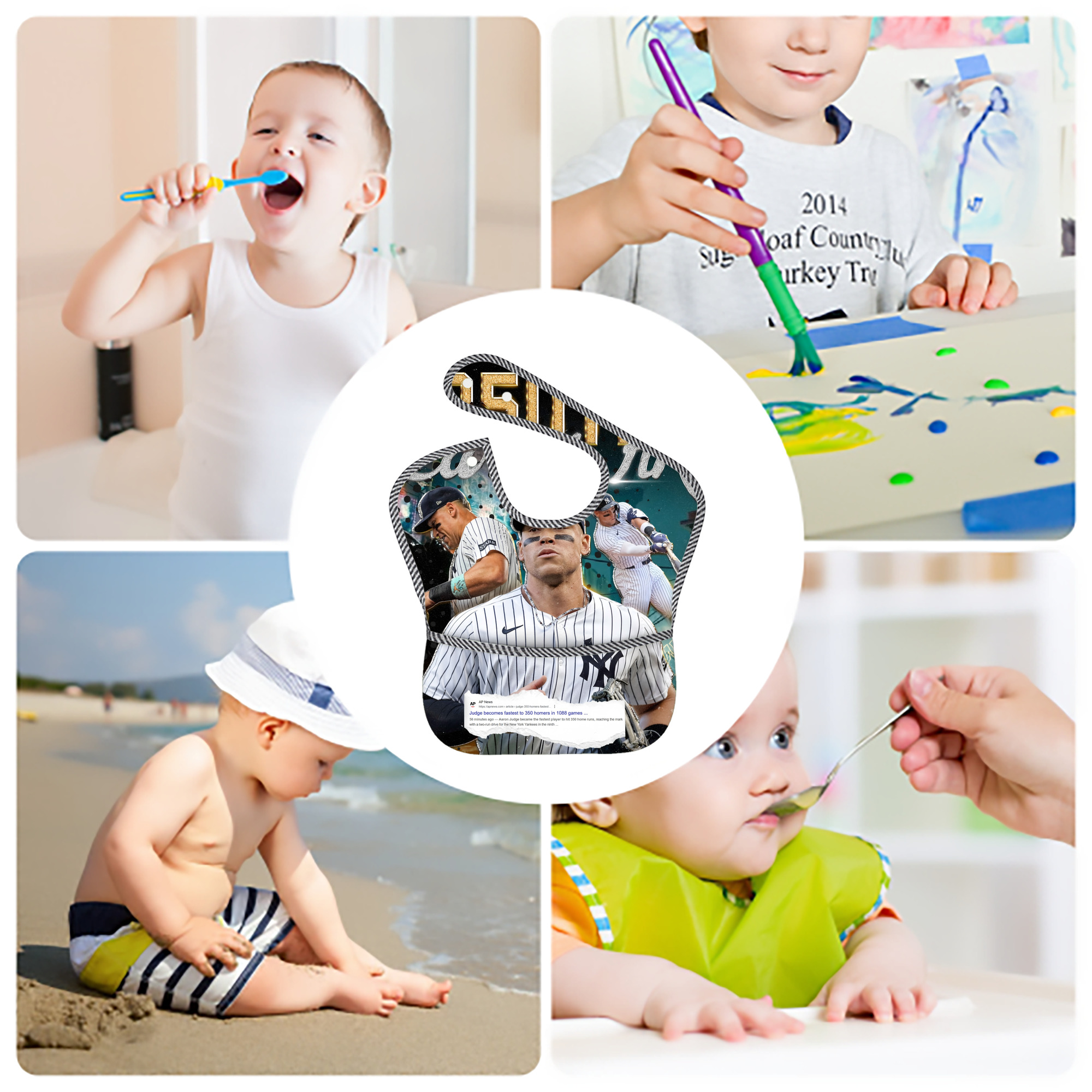 Aaron Judge's 350th Career Home Runs Adjustable Waterproof Toddler Bib – Full-Print Durable Polyester – Foldable Crumb Pocket – Easy Snap Closure – Soft