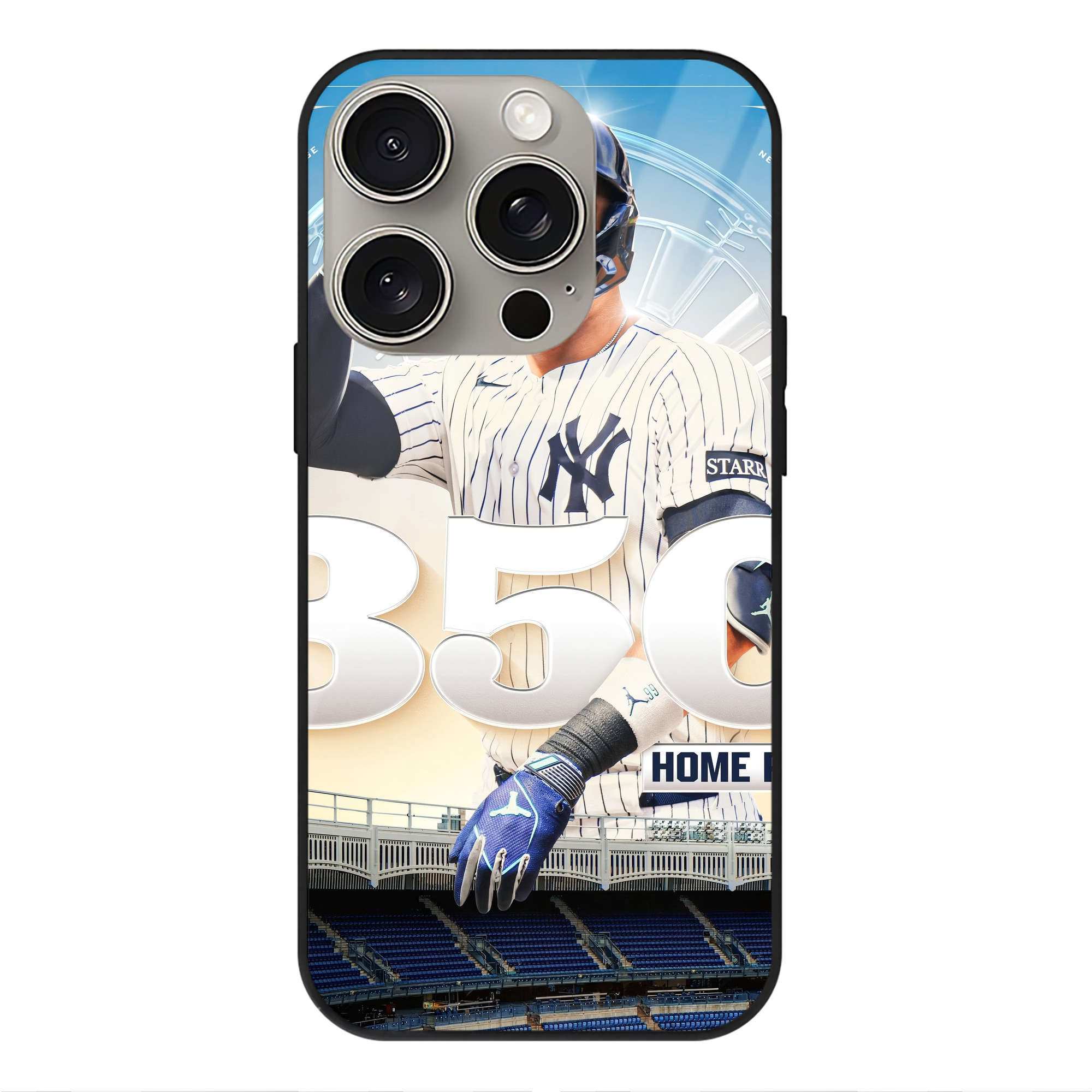 Aaron Judge's 350th Career Home Runs IPhone 15 Pro Mirror Phone Case – UV Printed Glass + TPU – Scratch-Resistant, Wireless Charging Compatible, Precise Fit & Stylish Design