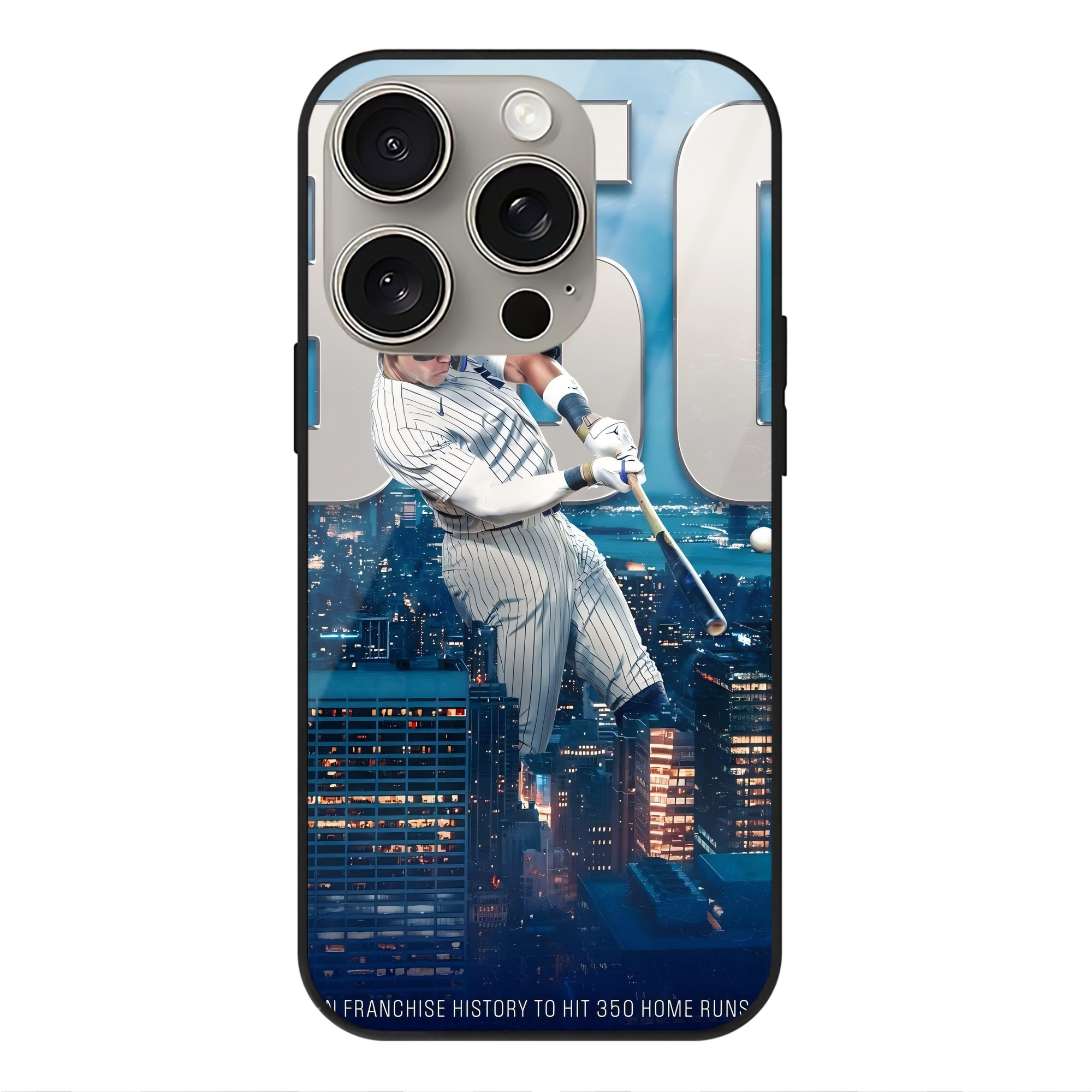 Aaron Judge's 350th Career Home Runs IPhone 15 Pro Mirror Phone Case – UV Printed Glass + TPU – Scratch-Resistant, Wireless Charging Compatible, Precise Fit & Stylish Design