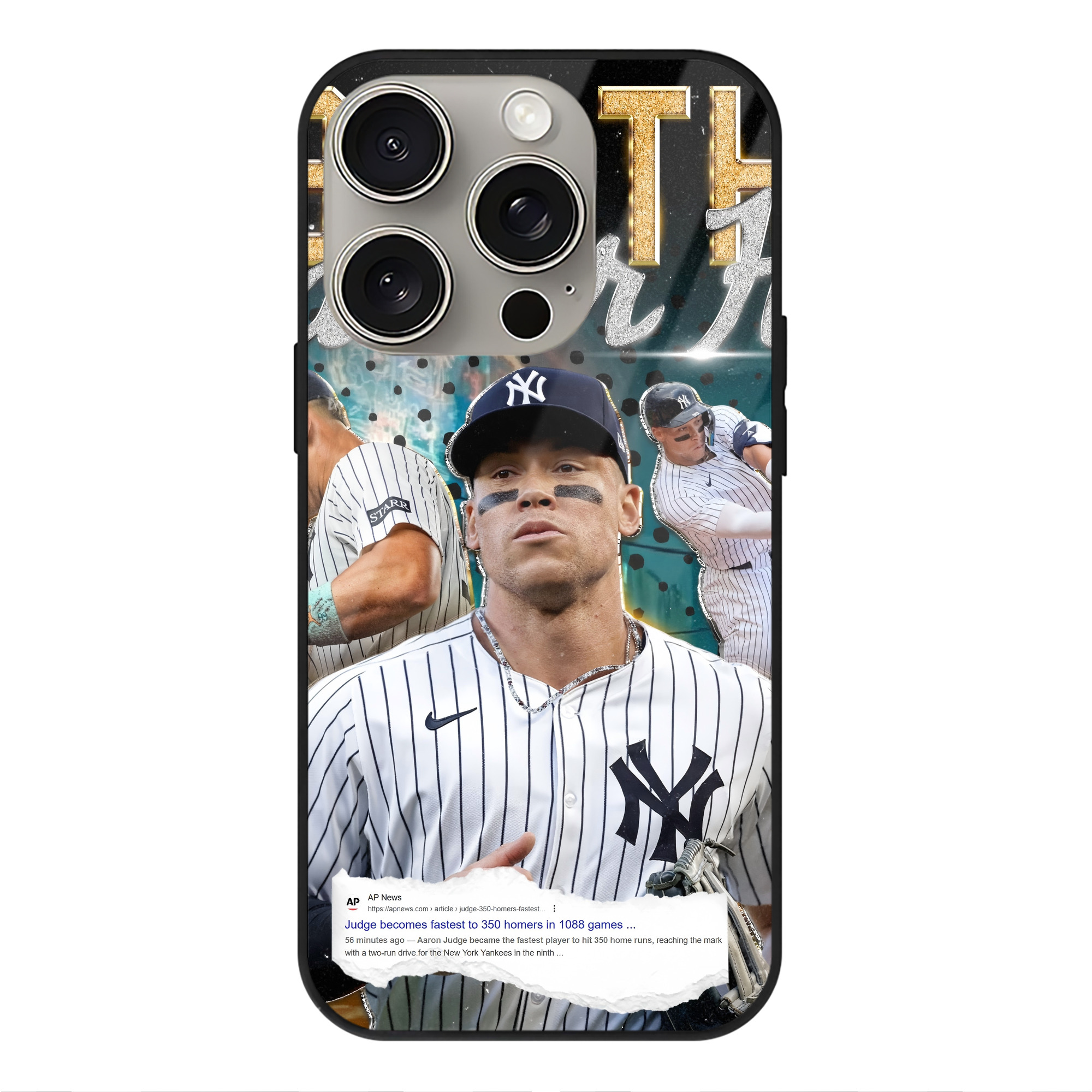 Aaron Judge's 350th Career Home Runs IPhone 15 Pro Mirror Phone Case – UV Printed Glass + TPU – Scratch-Resistant, Wireless Charging Compatible, Precise Fit & Stylish Design