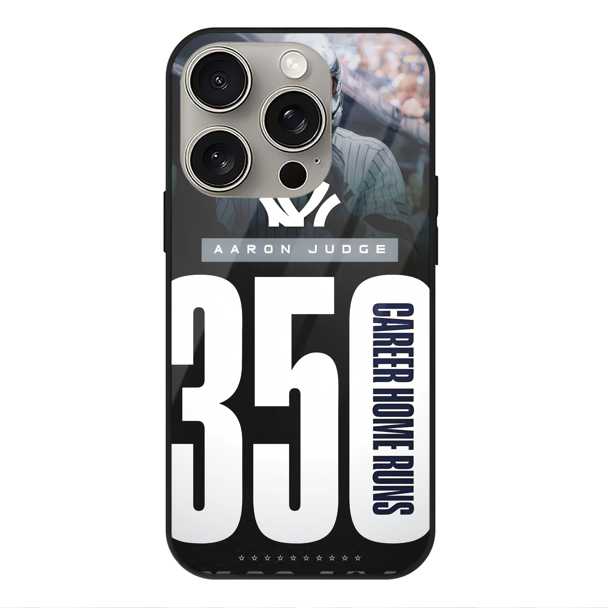 Aaron Judge's 350th Career Home Runs IPhone 15 Pro Mirror Phone Case – UV Printed Glass + TPU – Scratch-Resistant, Wireless Charging Compatible, Precise Fit & Stylish Design