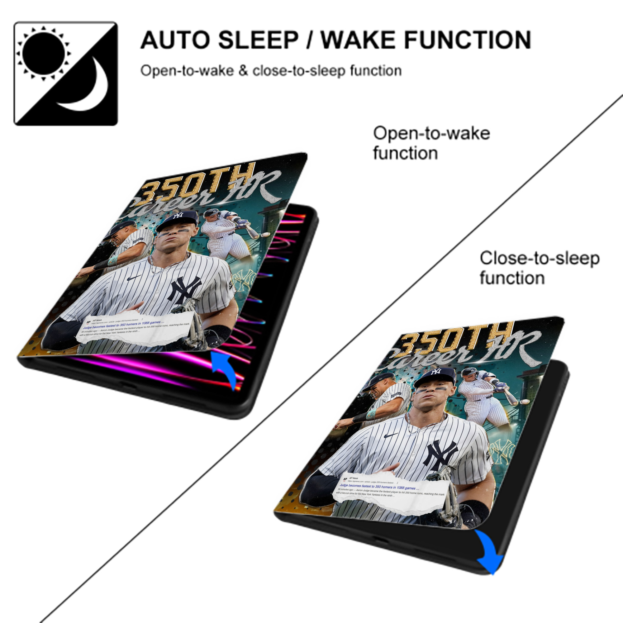 Aaron Judge's 350th Career Home Runs Premium Tri-Fold PU Leather & Silicone IPad Case With Pencil Slot – Fits 9.5,10.5,10.9 – Adjustable Stand, Slim, Protective