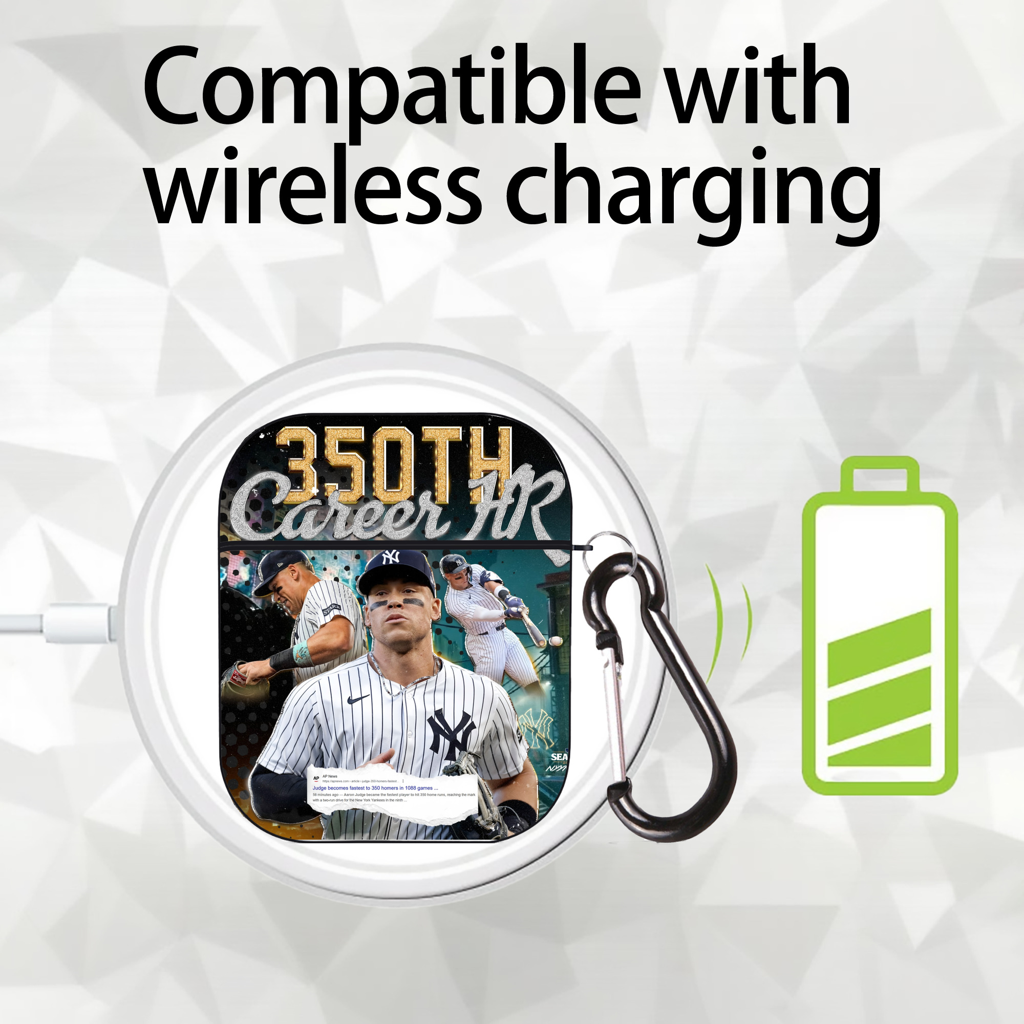 Aaron Judge's 350th Career Home Runs AirPods 2 Case Hard Shell Black, Flexible PC Material, Precise Cutouts, Full Protection, Anti-Fingerprint, Washable, Includes Keychain – Durable & Slim Design
