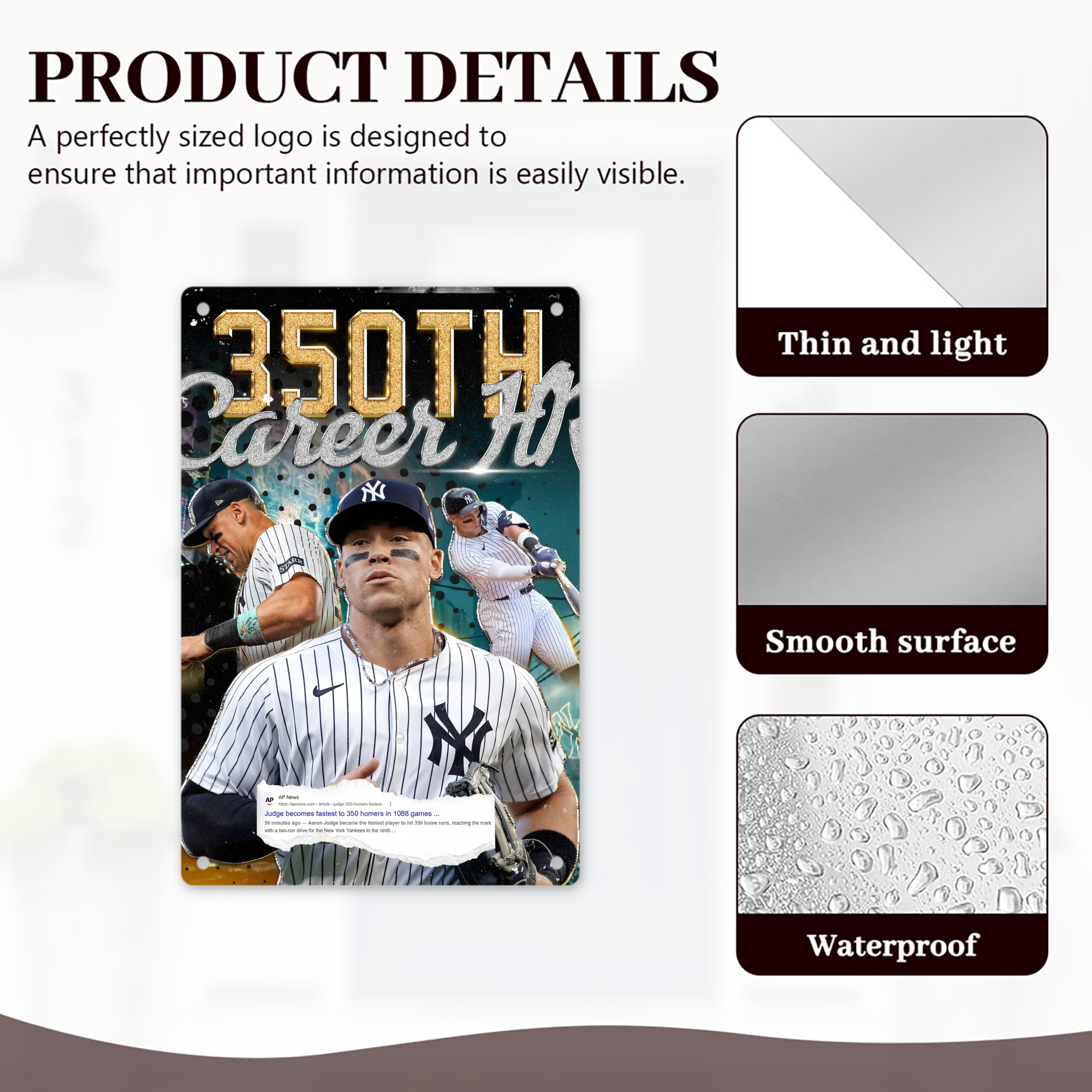 Aaron Judge's 350th Career Home Runs 8x12inch Vertical Aluminum Sign - Durable Fade-Resistant Indoor/Outdoor Safety & Information Plaque For Office, Hotel, Restaurant, Bar, Public Spaces