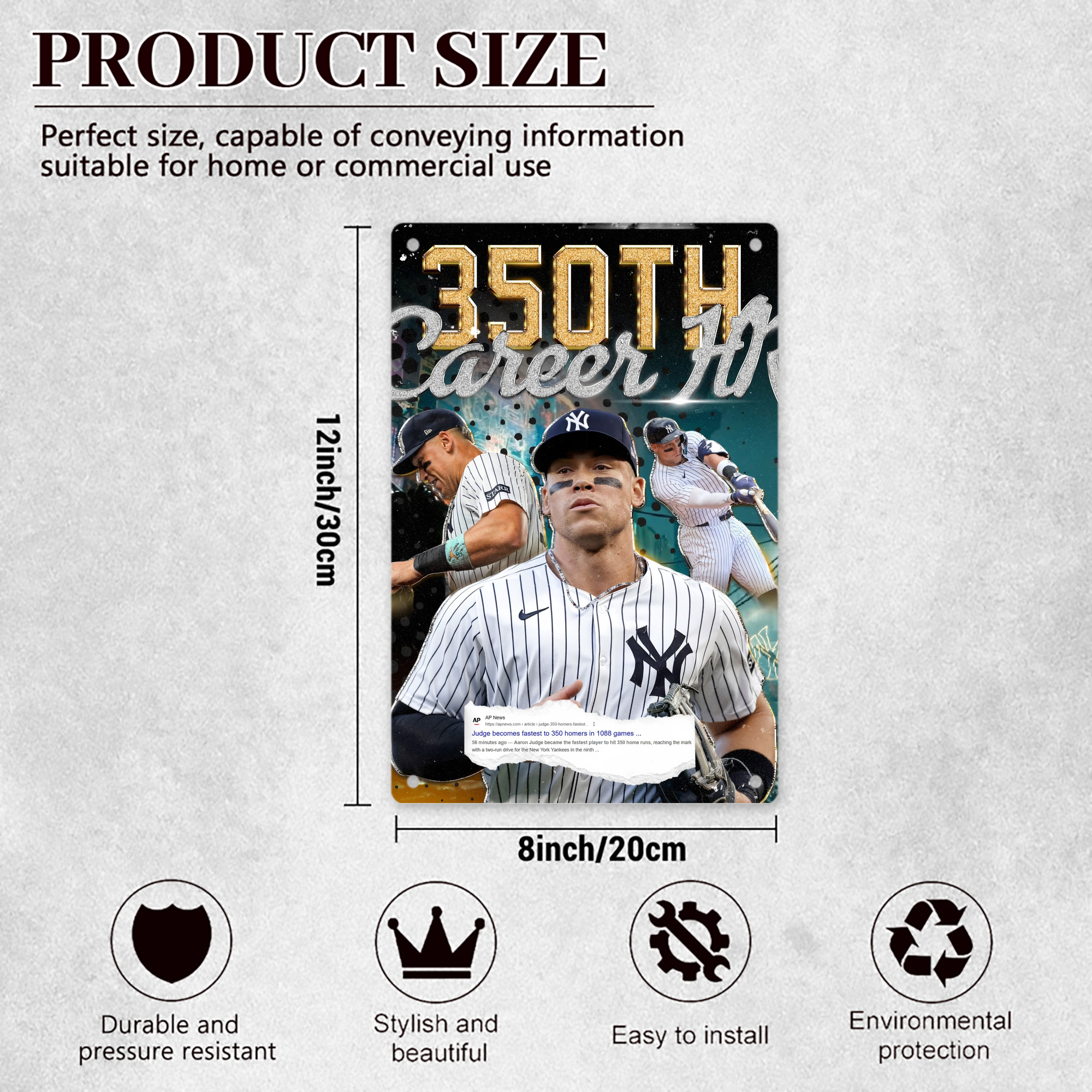 Aaron Judge's 350th Career Home Runs 8x12inch Vertical Aluminum Sign - Durable Fade-Resistant Indoor/Outdoor Safety & Information Plaque For Office, Hotel, Restaurant, Bar, Public Spaces
