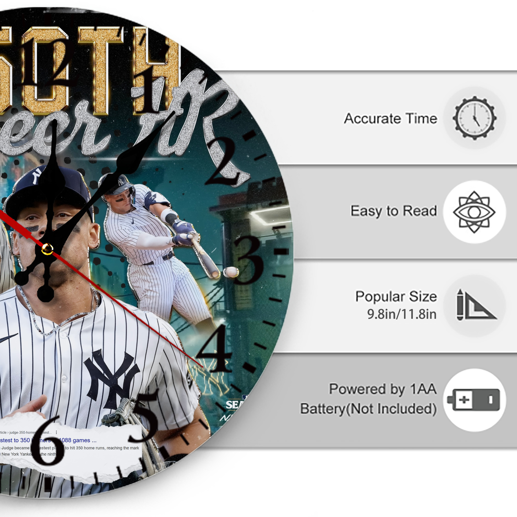 Aaron Judge's 350th Career Home Runs Silent Round Wall Clock – Modern & Stylish DIY Design, Durable Wood Construction, Easy To Install – Perfect For Office, Bedroom, Living Room, And More