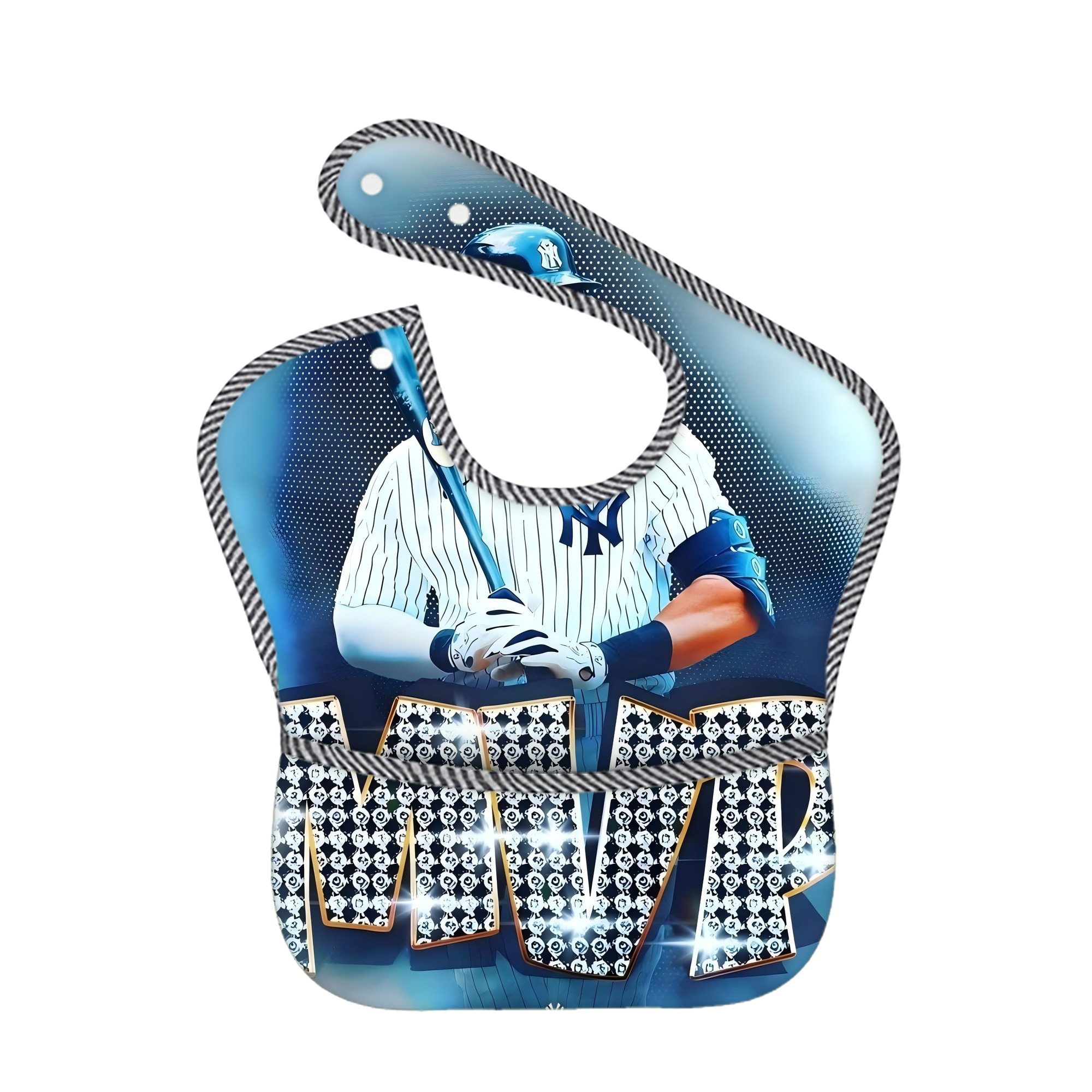 Aaron Judge MVP Adjustable Waterproof Toddler Bib – Full-Print Durable Polyester – Foldable Crumb Pocket – Easy Snap Closure – Soft