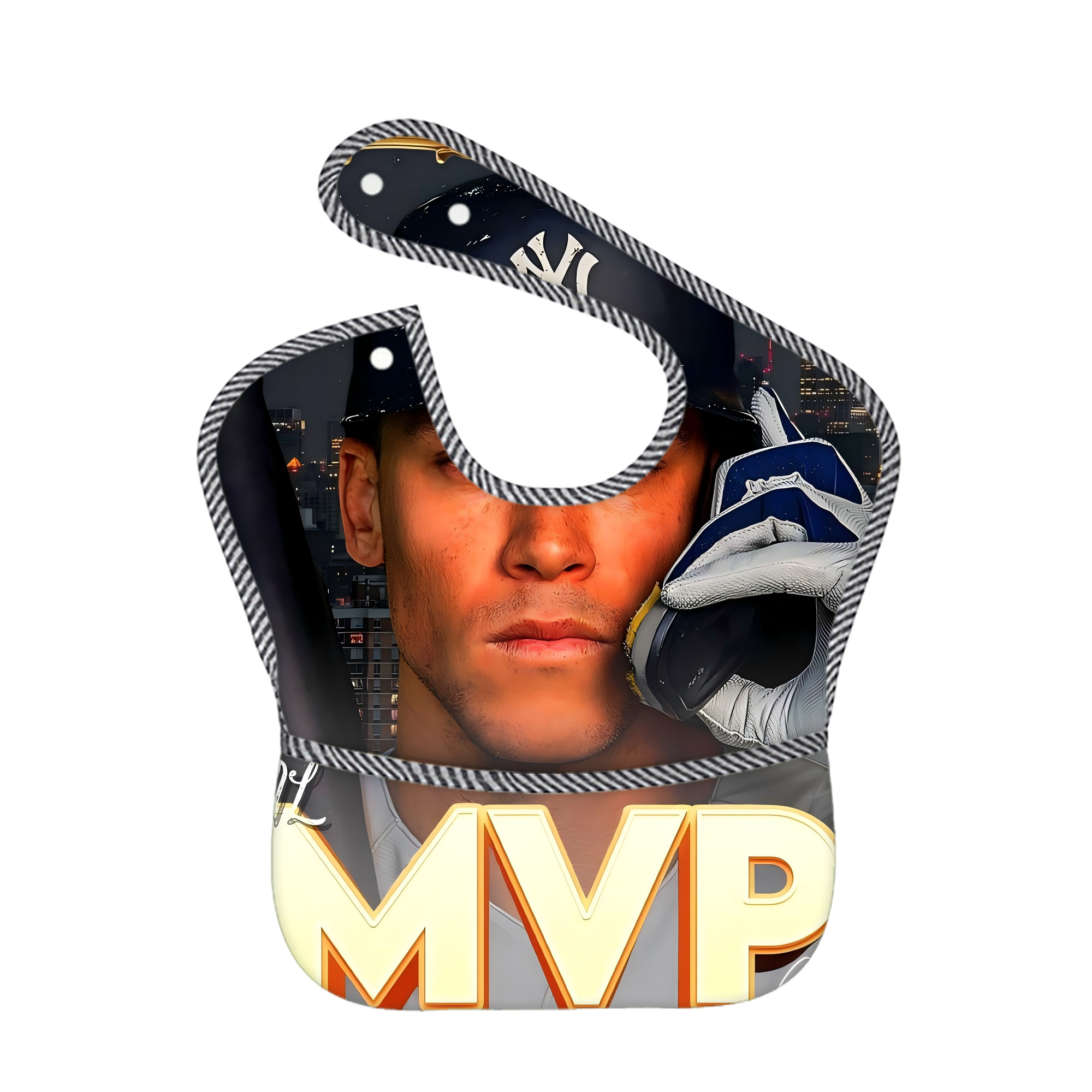 Aaron Judge MVP Adjustable Waterproof Toddler Bib – Full-Print Durable Polyester – Foldable Crumb Pocket – Easy Snap Closure – Soft