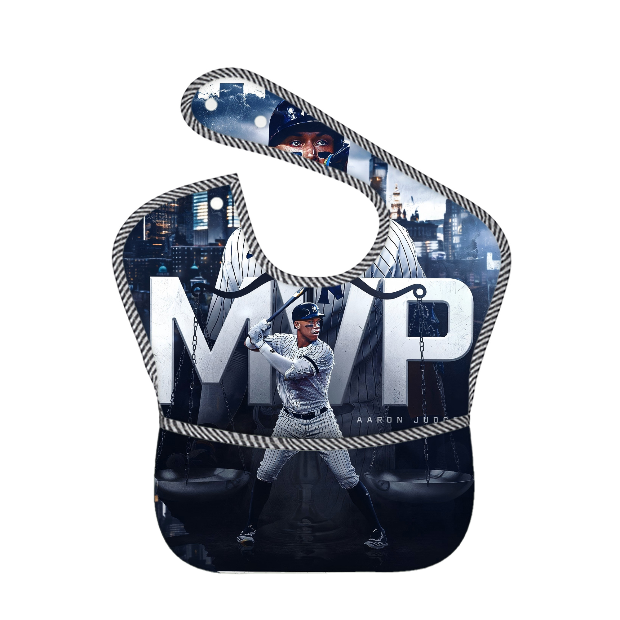 Aaron Judge MVP Adjustable Waterproof Toddler Bib – Full-Print Durable Polyester – Foldable Crumb Pocket – Easy Snap Closure – Soft