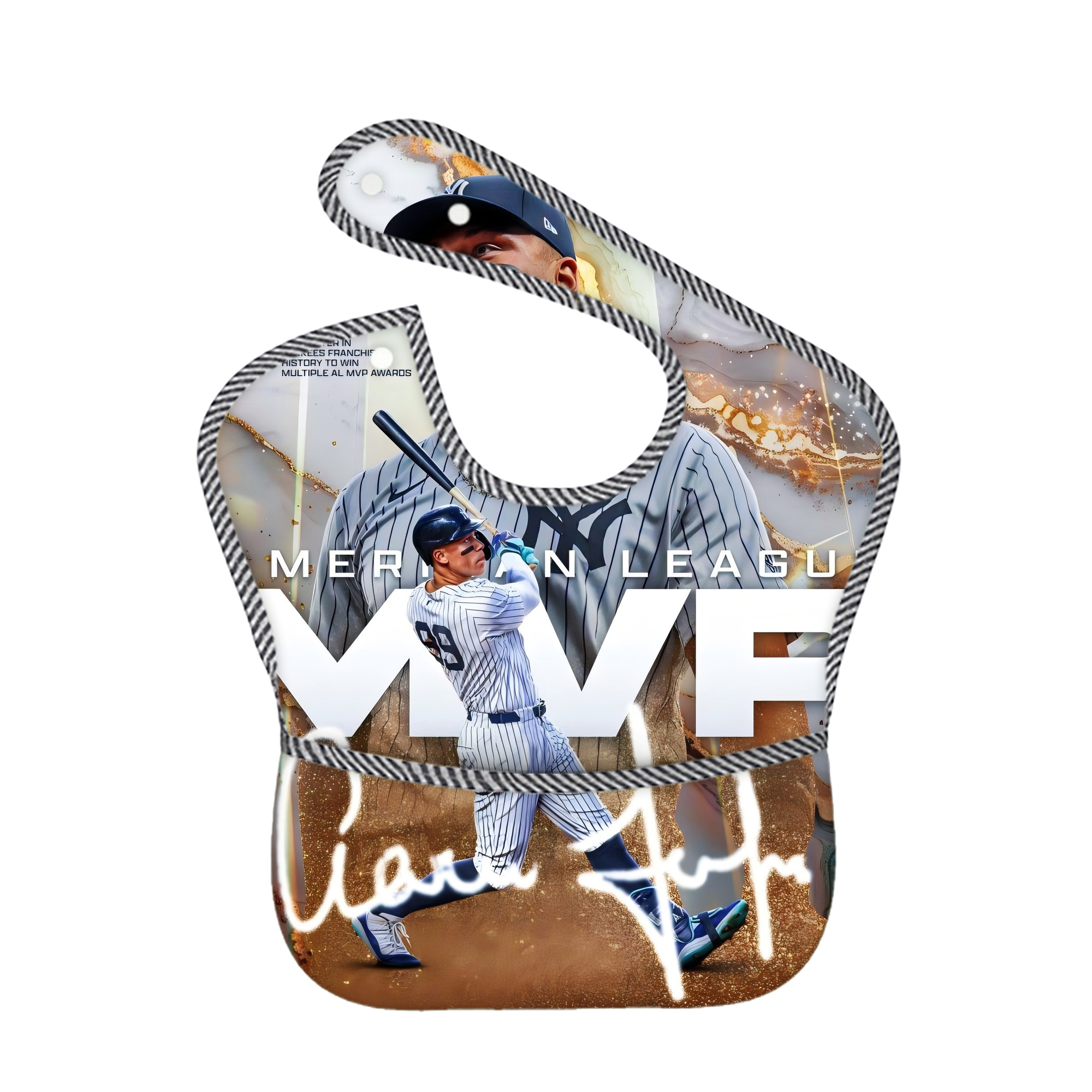 Aaron Judge MVP Adjustable Waterproof Toddler Bib – Full-Print Durable Polyester – Foldable Crumb Pocket – Easy Snap Closure – Soft