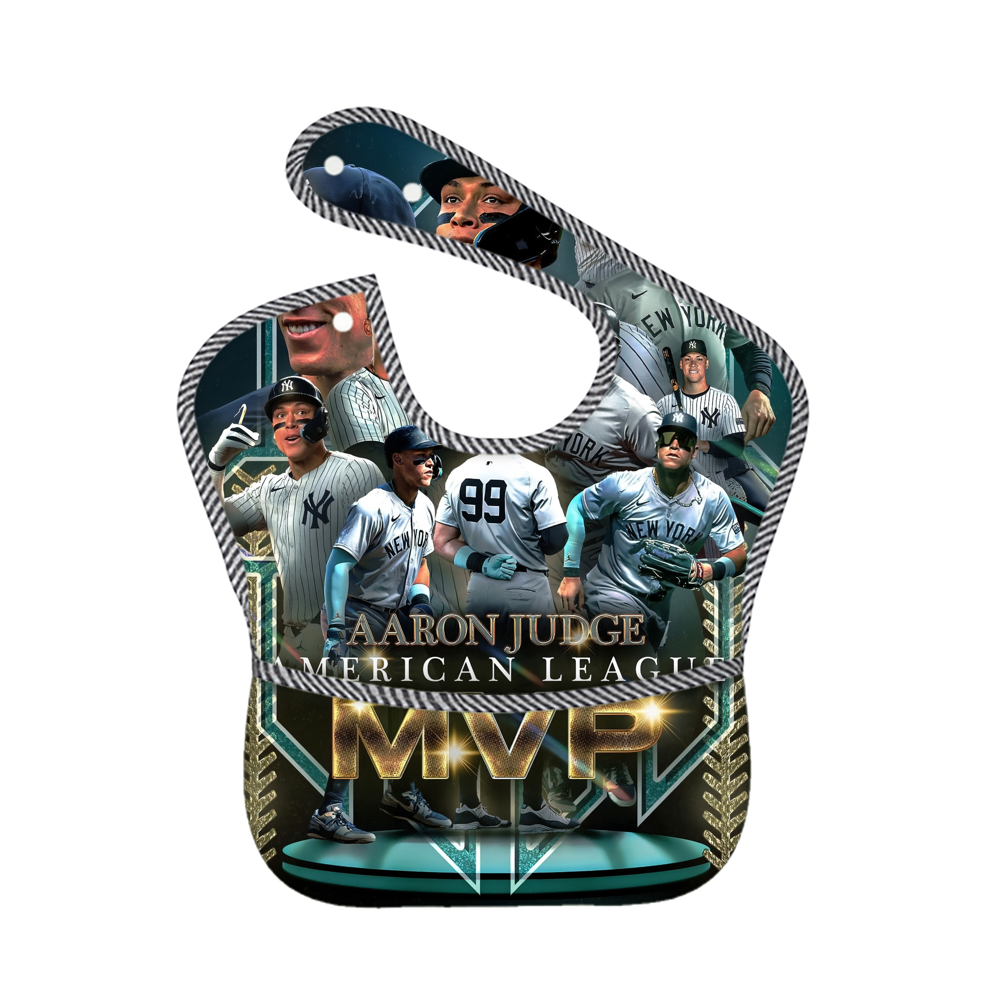 Aaron Judge MVP Adjustable Waterproof Toddler Bib – Full-Print Durable Polyester – Foldable Crumb Pocket – Easy Snap Closure – Soft