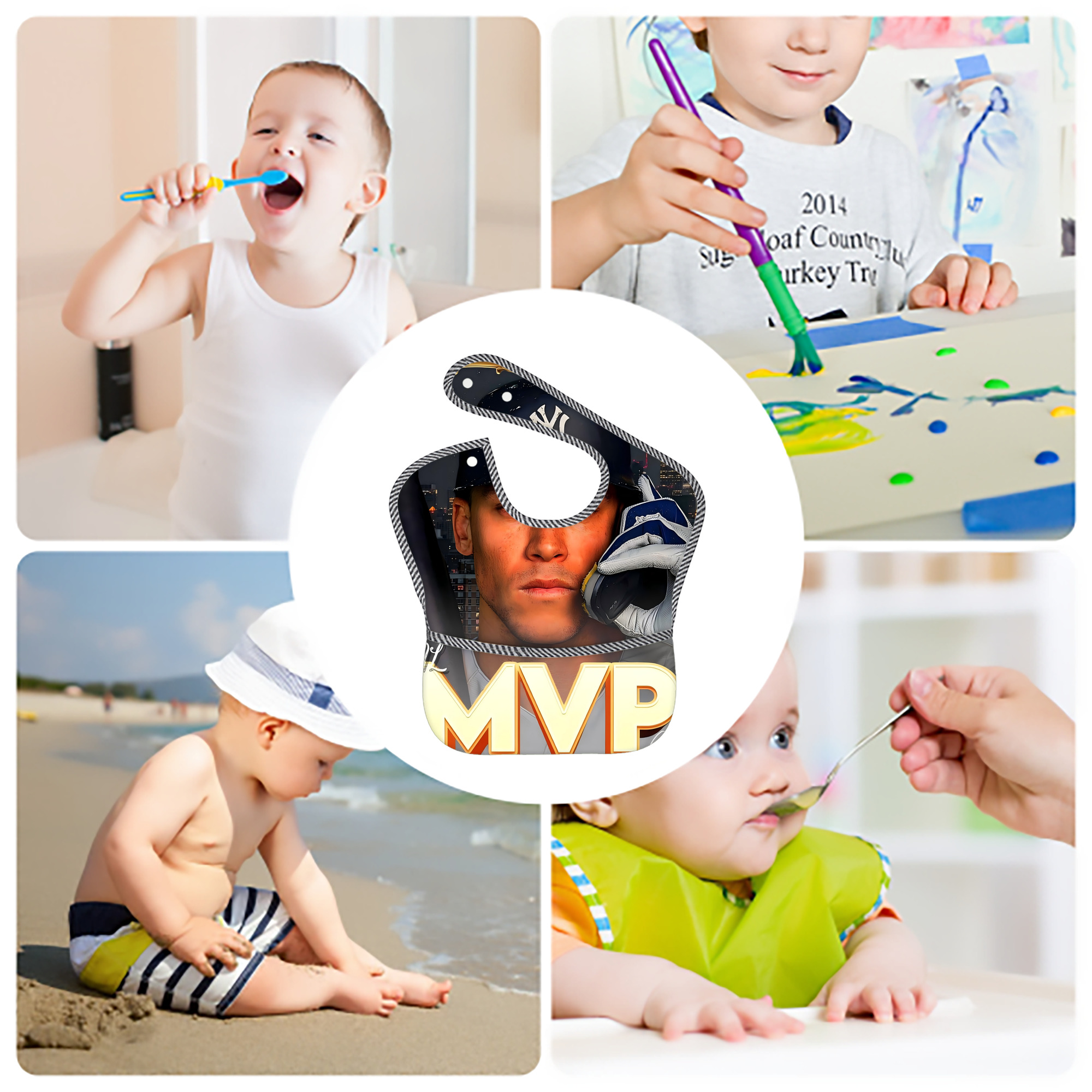 Aaron Judge MVP Adjustable Waterproof Toddler Bib – Full-Print Durable Polyester – Foldable Crumb Pocket – Easy Snap Closure – Soft