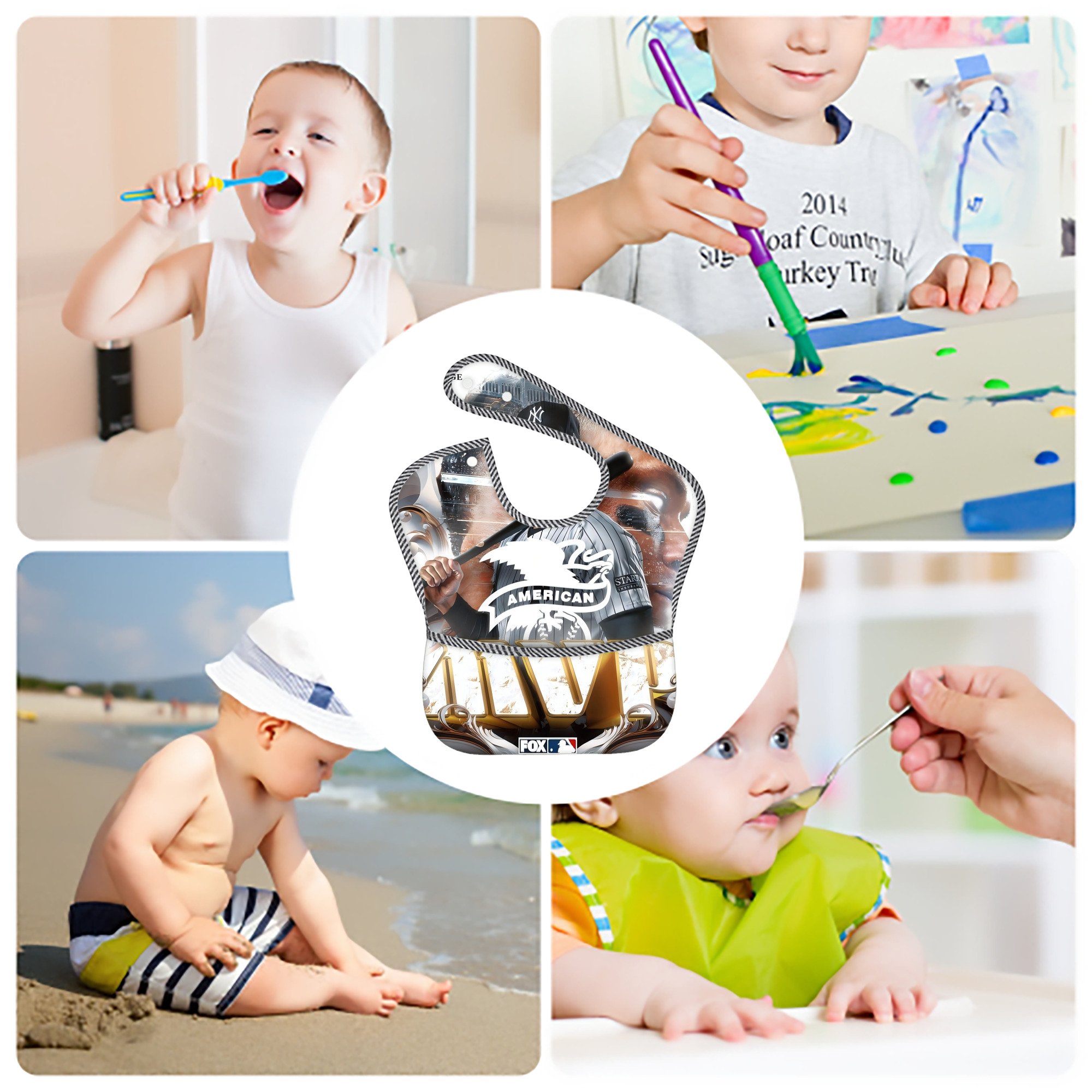 Aaron Judge MVP Adjustable Waterproof Toddler Bib – Full-Print Durable Polyester – Foldable Crumb Pocket – Easy Snap Closure – Soft