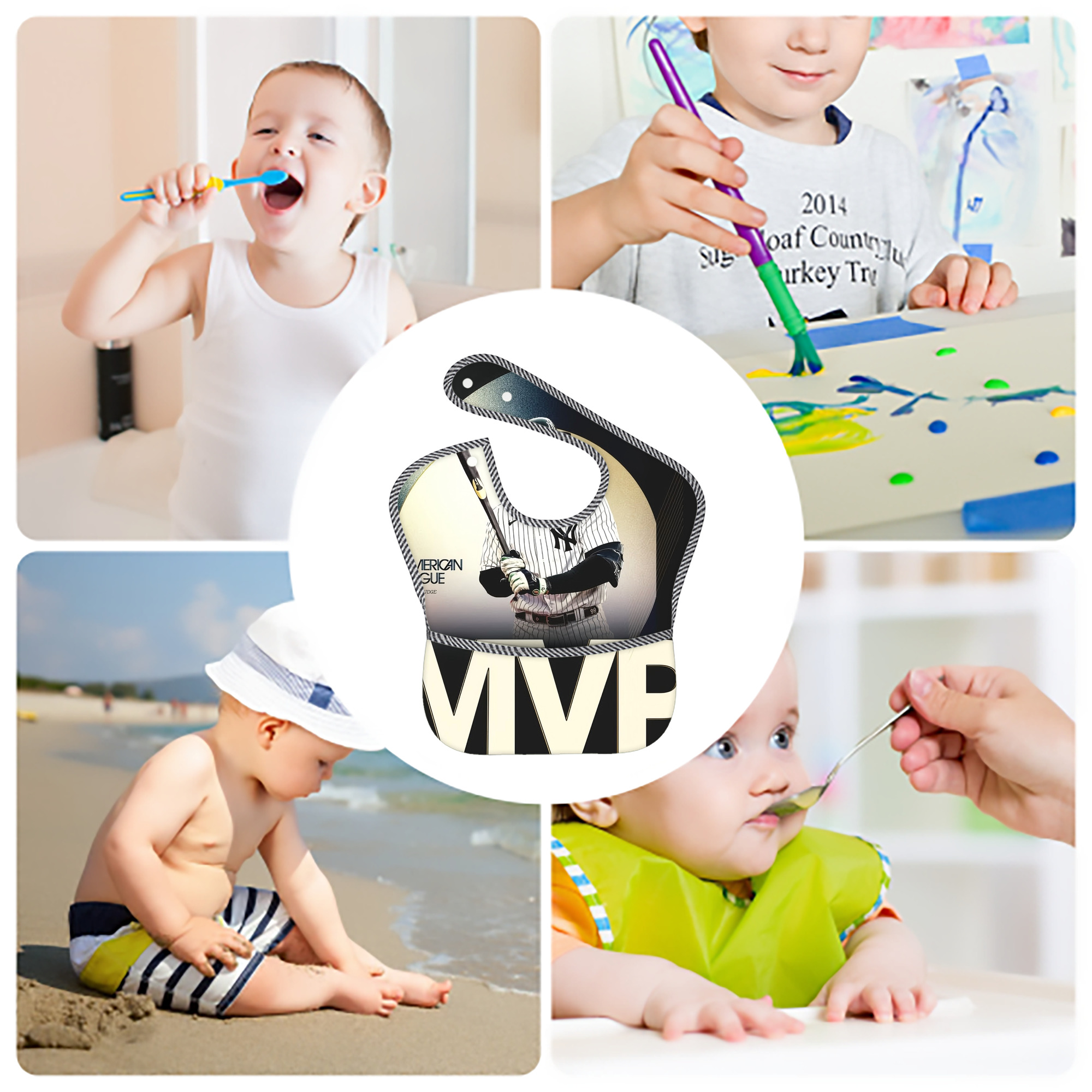 Aaron Judge MVP Adjustable Waterproof Toddler Bib – Full-Print Durable Polyester – Foldable Crumb Pocket – Easy Snap Closure – Soft