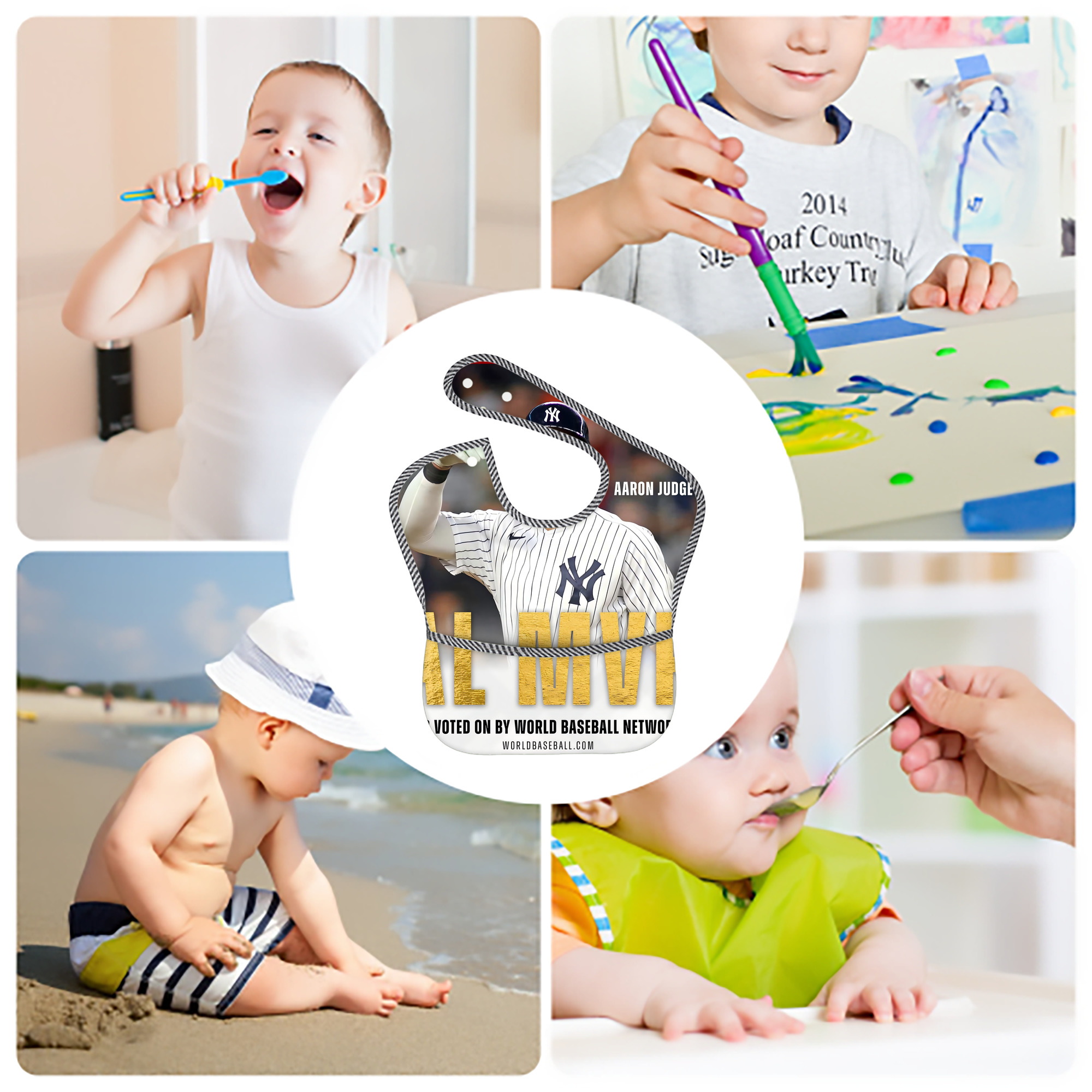 Aaron Judge MVP Adjustable Waterproof Toddler Bib – Full-Print Durable Polyester – Foldable Crumb Pocket – Easy Snap Closure – Soft