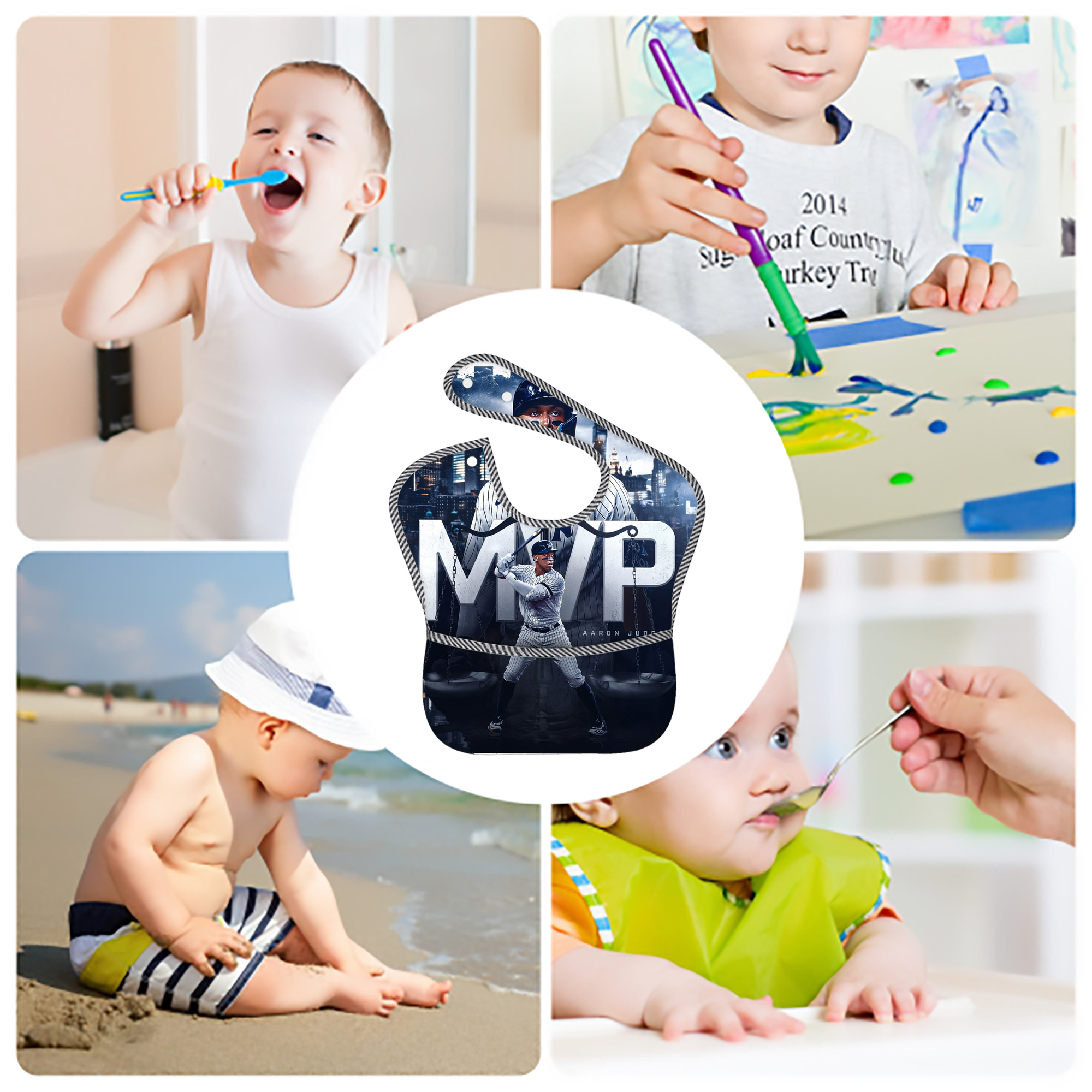 Aaron Judge MVP Adjustable Waterproof Toddler Bib – Full-Print Durable Polyester – Foldable Crumb Pocket – Easy Snap Closure – Soft