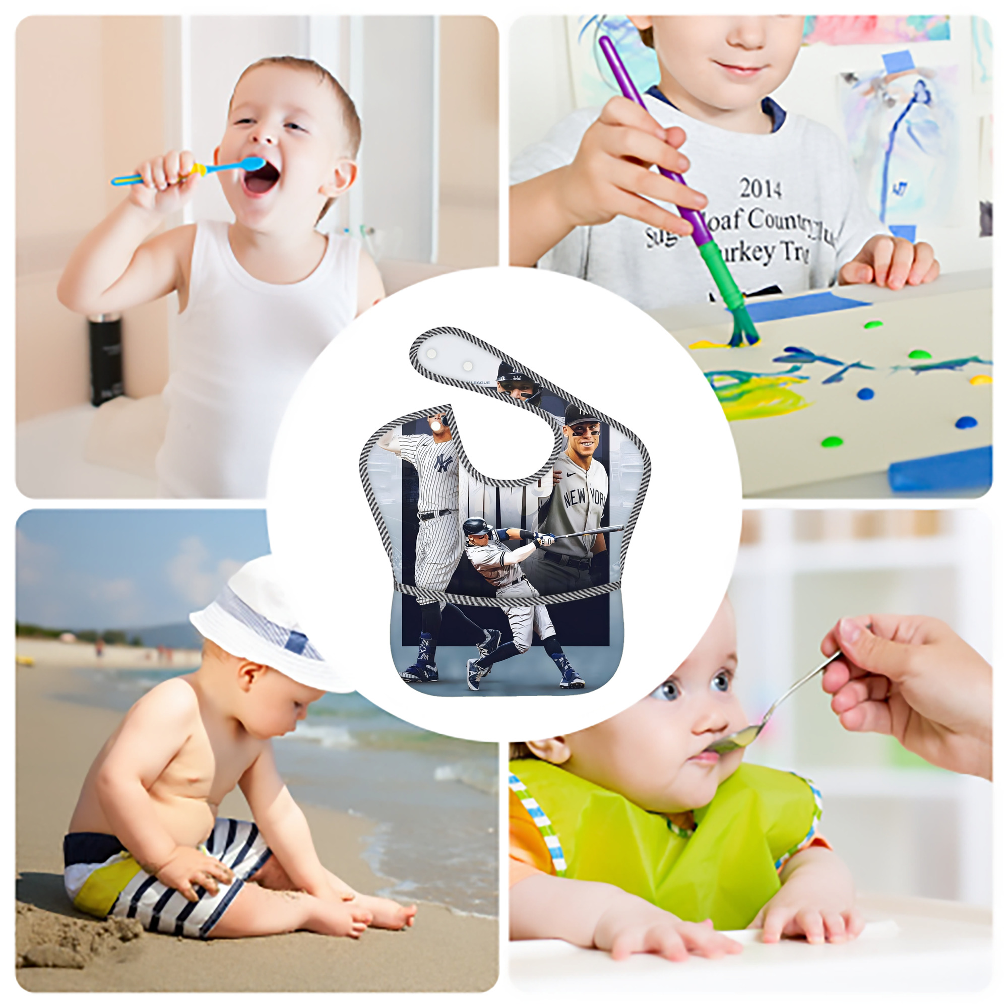 Aaron Judge MVP Adjustable Waterproof Toddler Bib – Full-Print Durable Polyester – Foldable Crumb Pocket – Easy Snap Closure – Soft