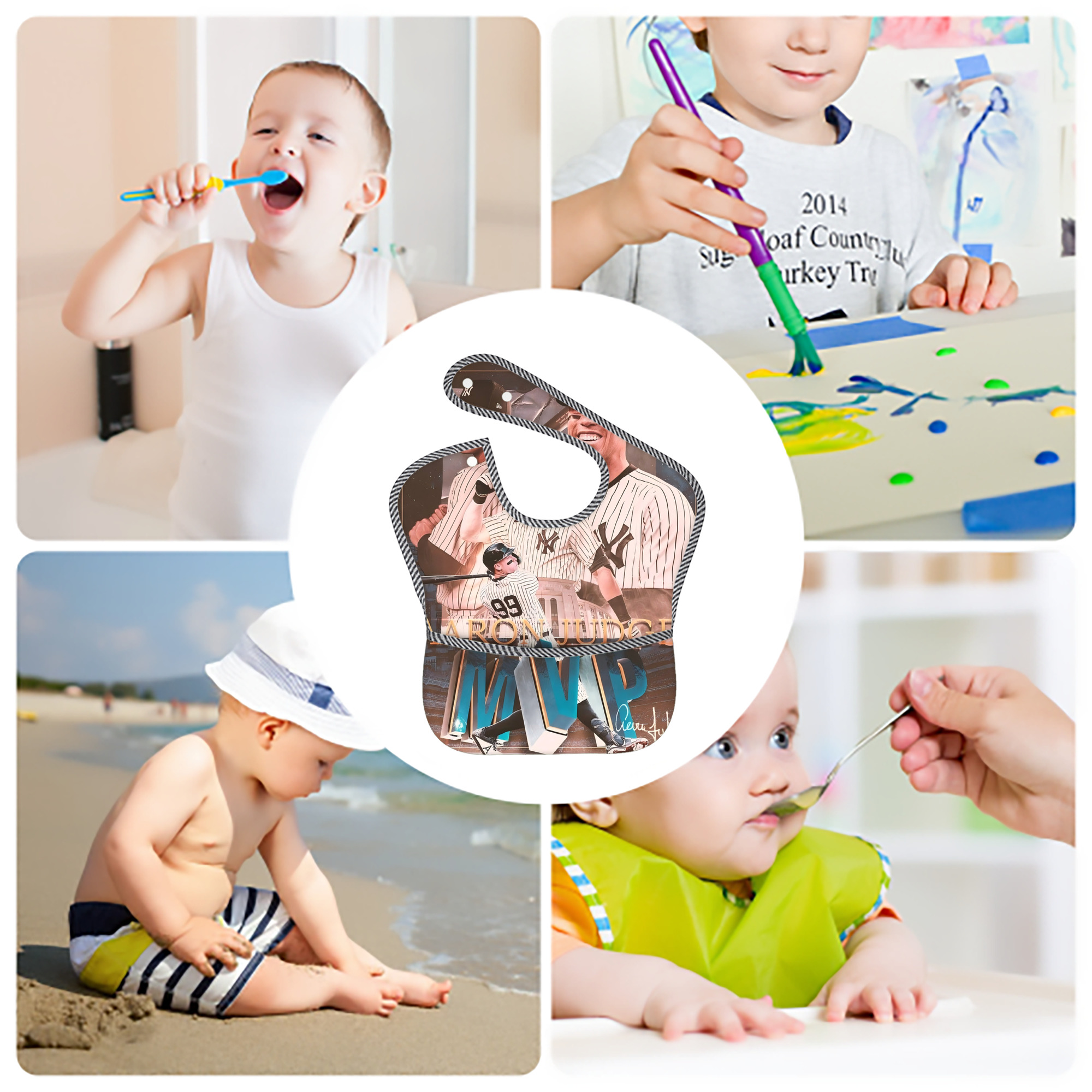 Aaron Judge MVP Adjustable Waterproof Toddler Bib – Full-Print Durable Polyester – Foldable Crumb Pocket – Easy Snap Closure – Soft