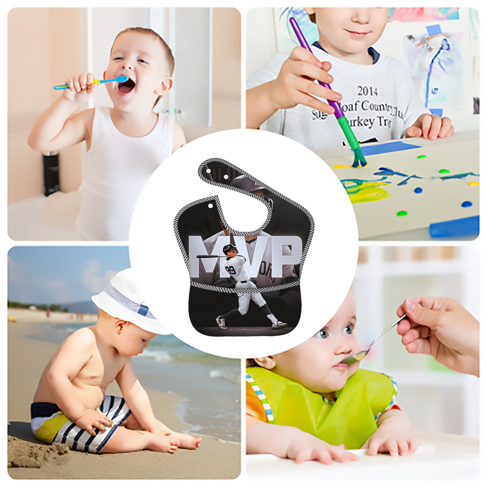 Aaron Judge MVP Adjustable Waterproof Toddler Bib – Full-Print Durable Polyester – Foldable Crumb Pocket – Easy Snap Closure – Soft