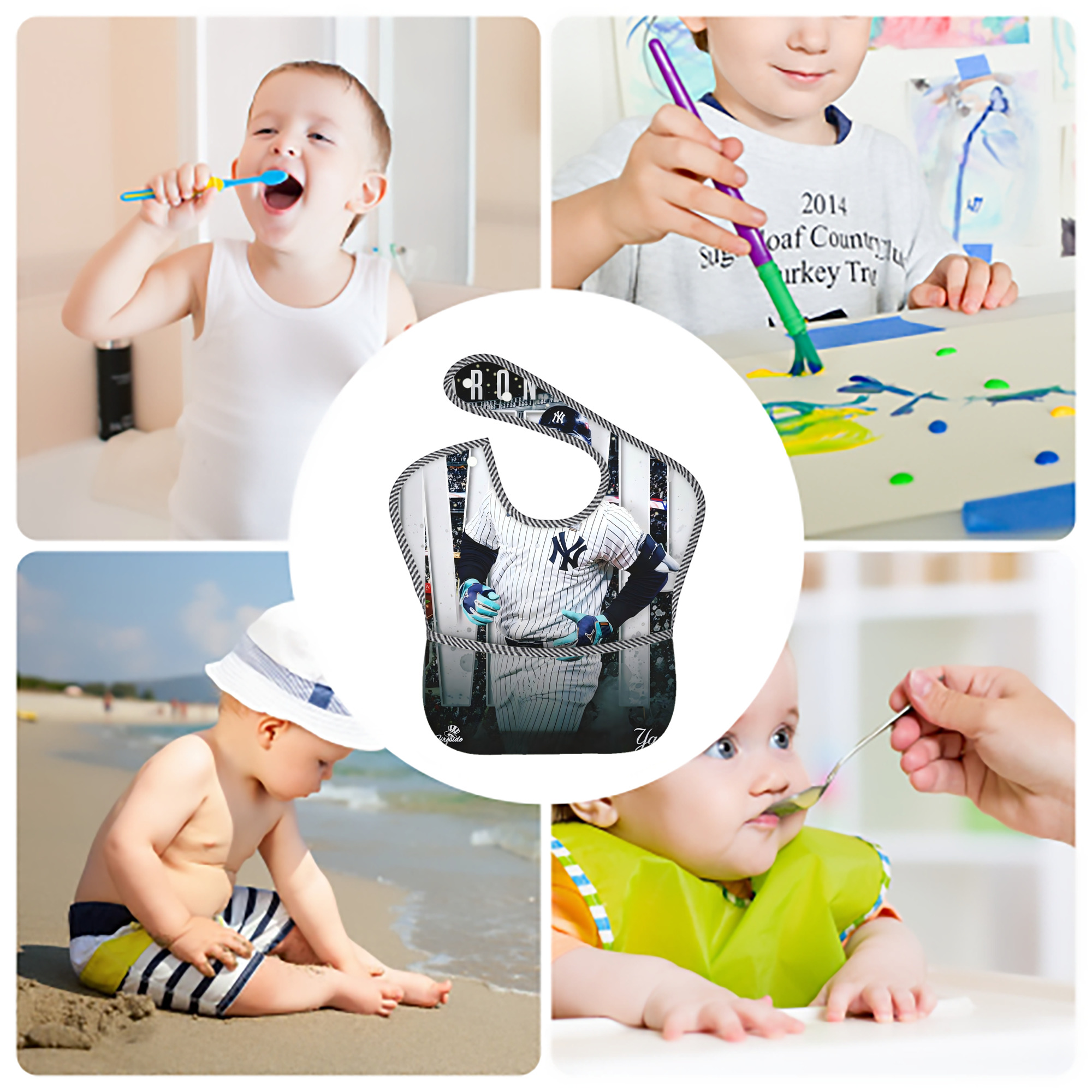 Aaron Judge MVP Adjustable Waterproof Toddler Bib – Full-Print Durable Polyester – Foldable Crumb Pocket – Easy Snap Closure – Soft