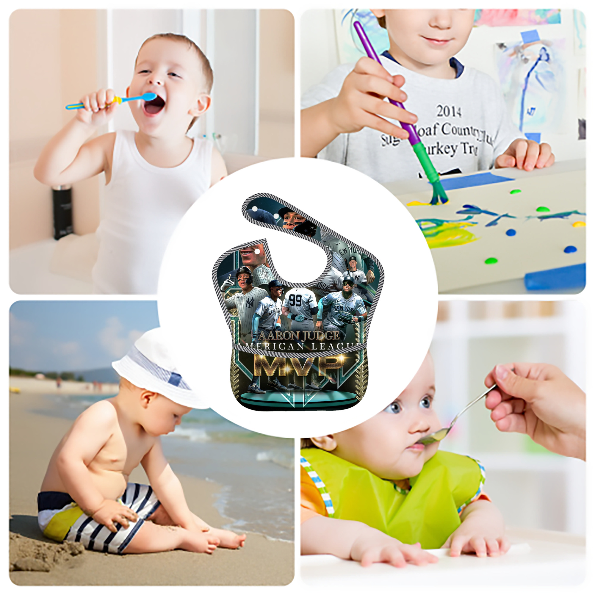 Aaron Judge MVP Adjustable Waterproof Toddler Bib – Full-Print Durable Polyester – Foldable Crumb Pocket – Easy Snap Closure – Soft