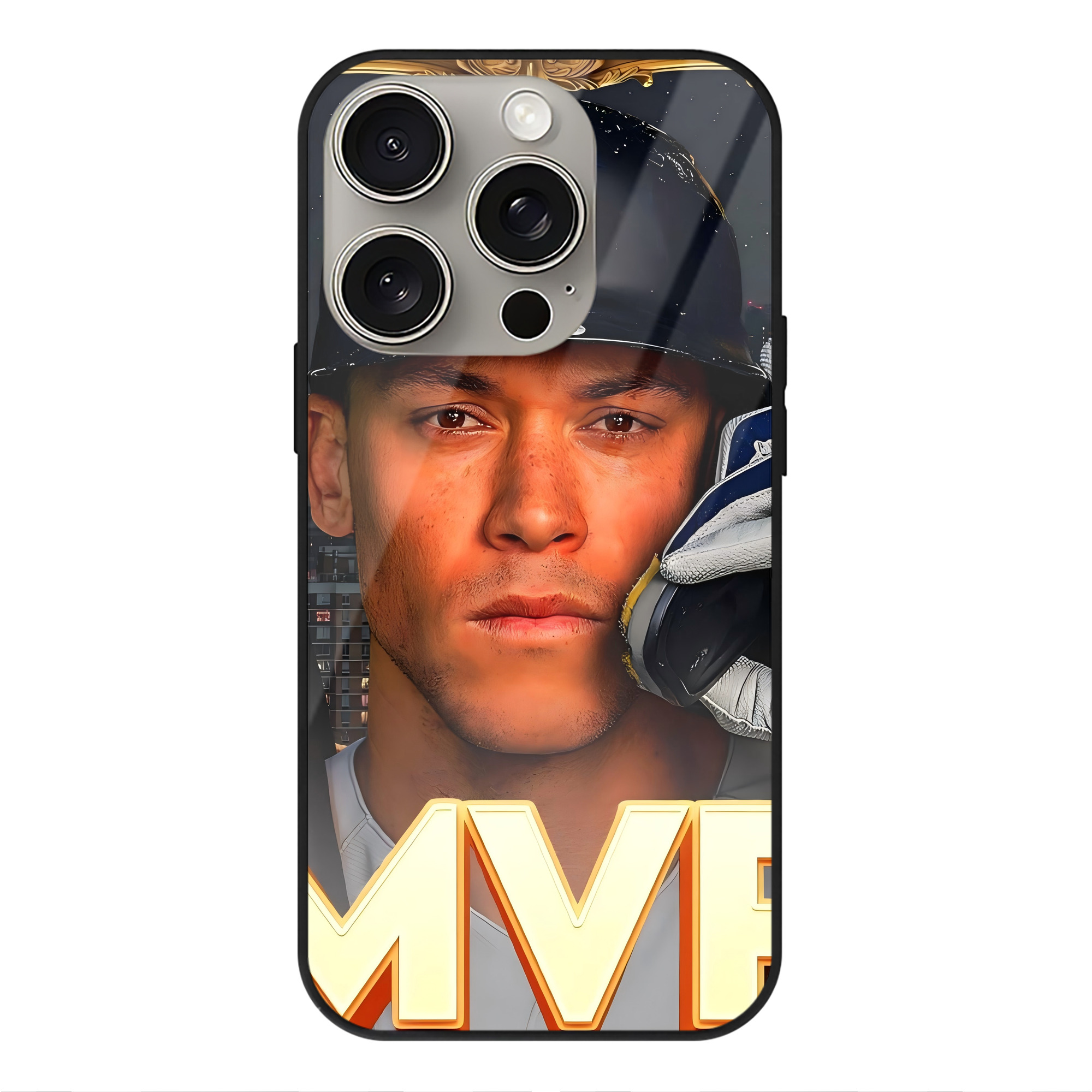 Aaron Judge MVP IPhone 15 Pro Mirror Phone Case – UV Printed Glass + TPU – Scratch-Resistant, Wireless Charging Compatible, Precise Fit & Stylish Design