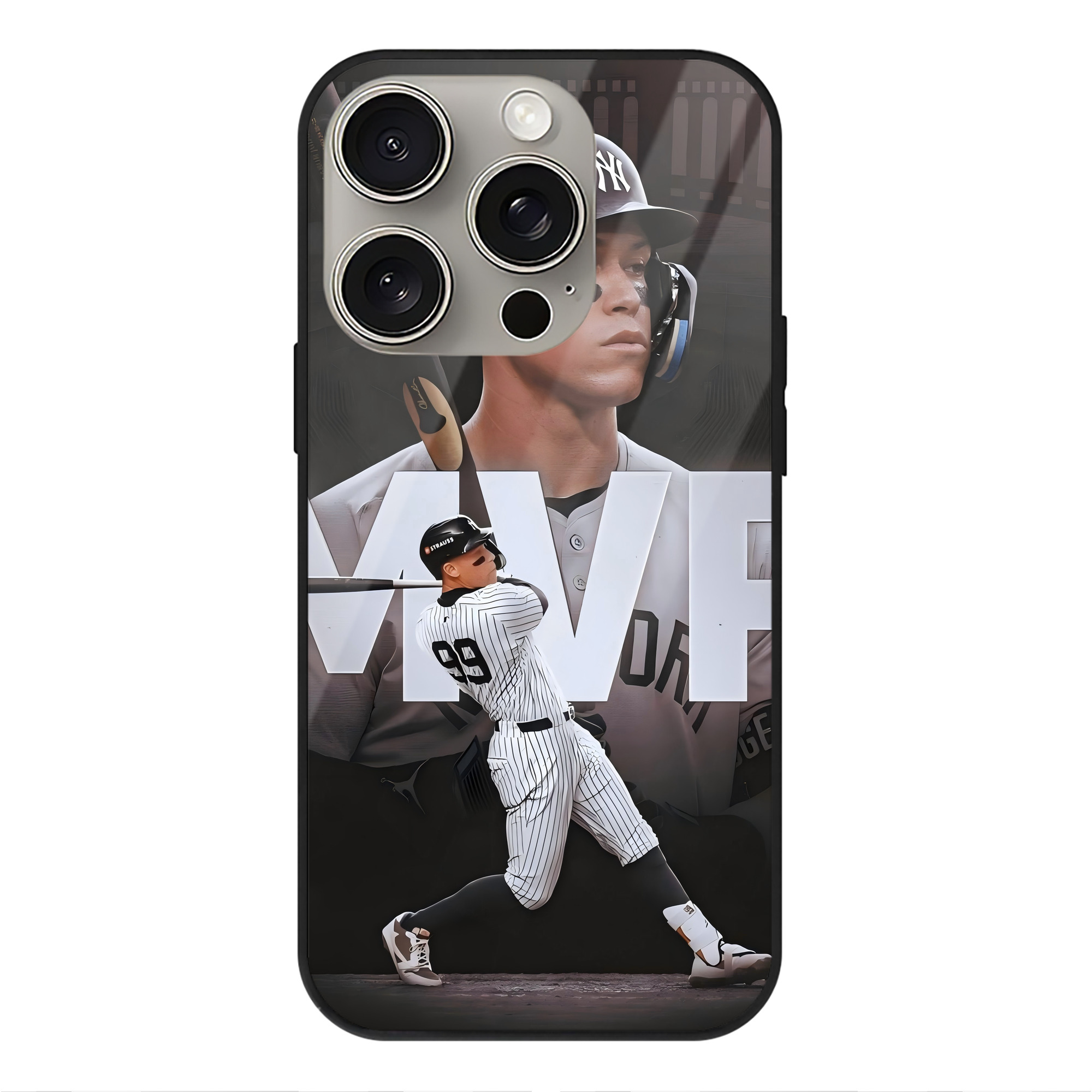 Aaron Judge MVP IPhone 15 Pro Mirror Phone Case – UV Printed Glass + TPU – Scratch-Resistant, Wireless Charging Compatible, Precise Fit & Stylish Design
