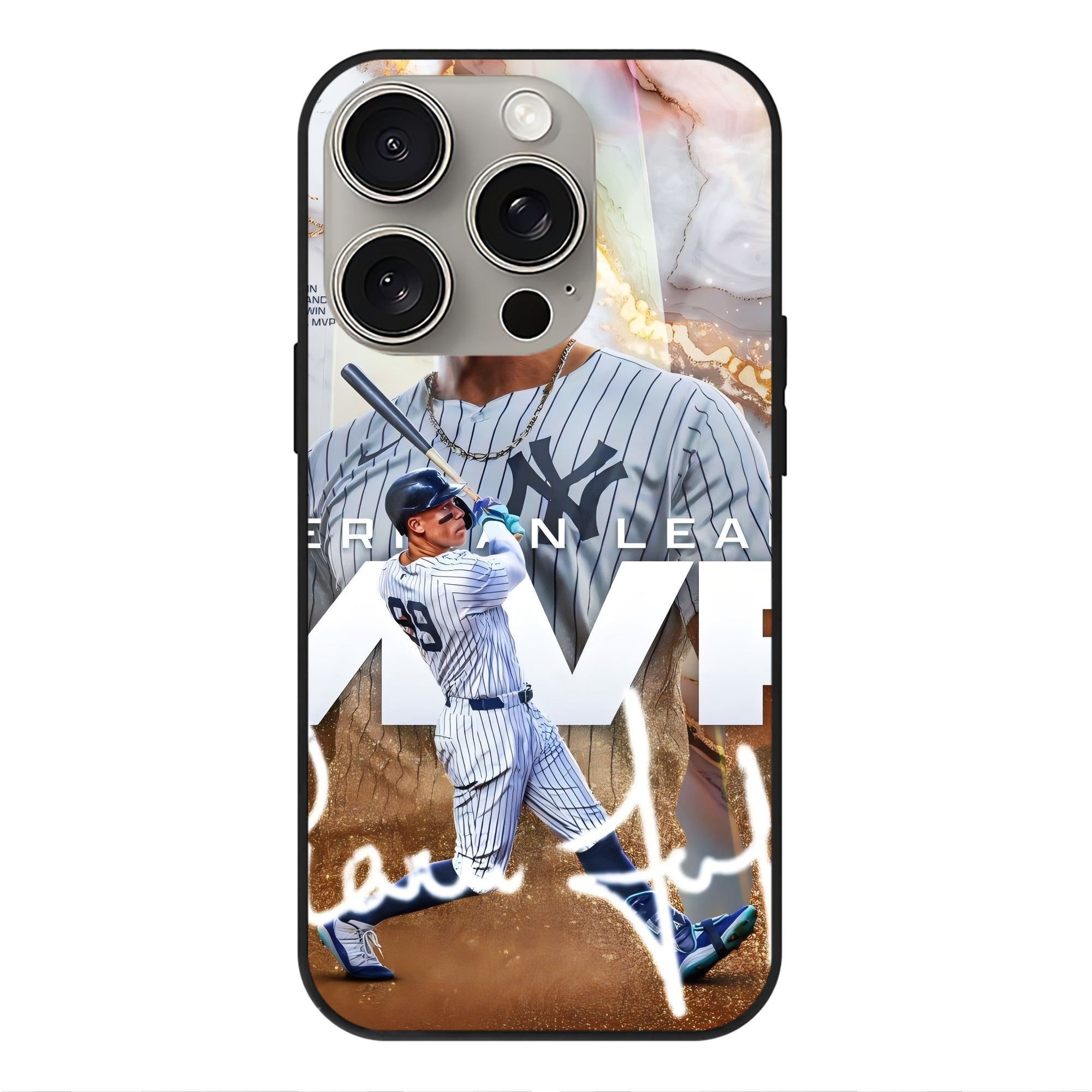 Aaron Judge MVP IPhone 15 Pro Mirror Phone Case – UV Printed Glass + TPU – Scratch-Resistant, Wireless Charging Compatible, Precise Fit & Stylish Design