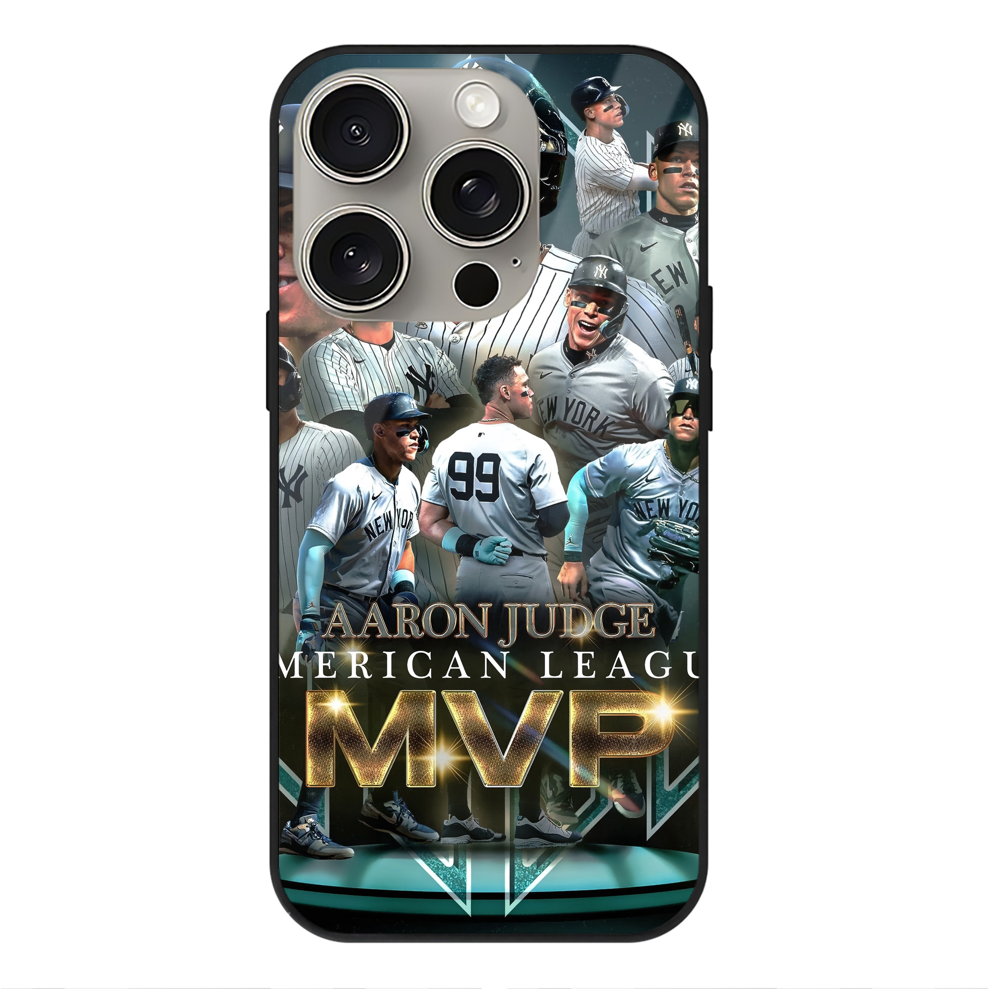 Aaron Judge MVP IPhone 15 Pro Mirror Phone Case – UV Printed Glass + TPU – Scratch-Resistant, Wireless Charging Compatible, Precise Fit & Stylish Design