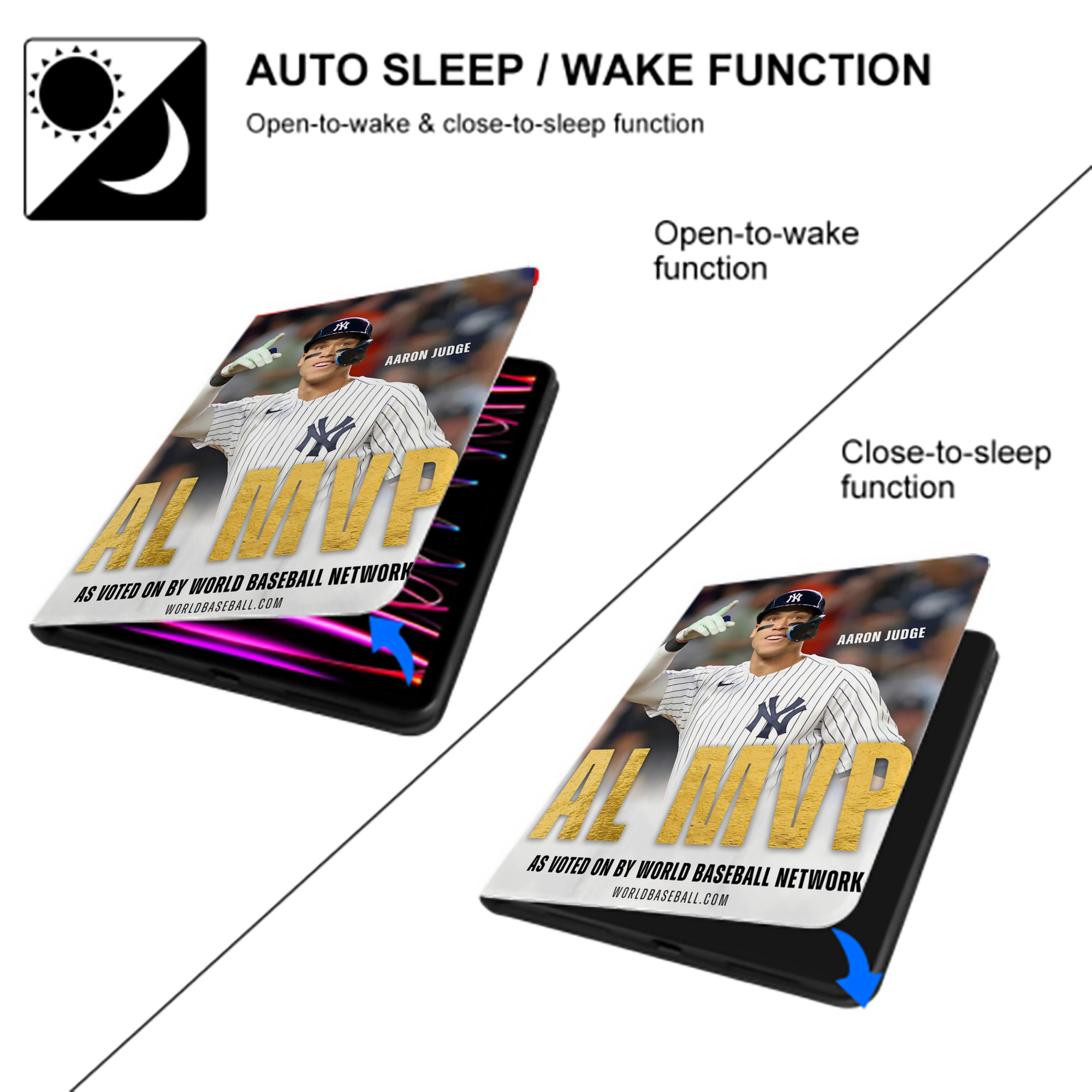 Aaron Judge MVP Premium Tri-Fold PU Leather & Silicone IPad Case With Pencil Slot – Fits 9.5,10.5,10.9 – Adjustable Stand, Slim, Protective