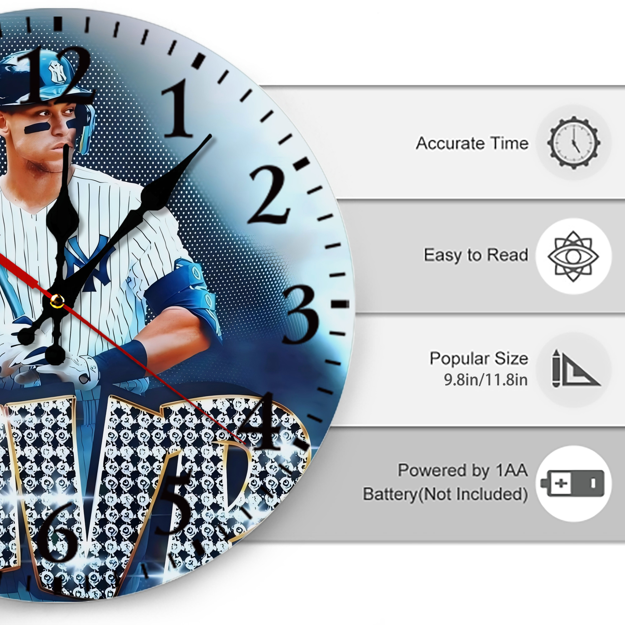 Aaron Judge MVP Silent Round Wall Clock – Modern & Stylish DIY Design, Durable Wood Construction, Easy To Install – Perfect For Office, Bedroom, Living Room, And More